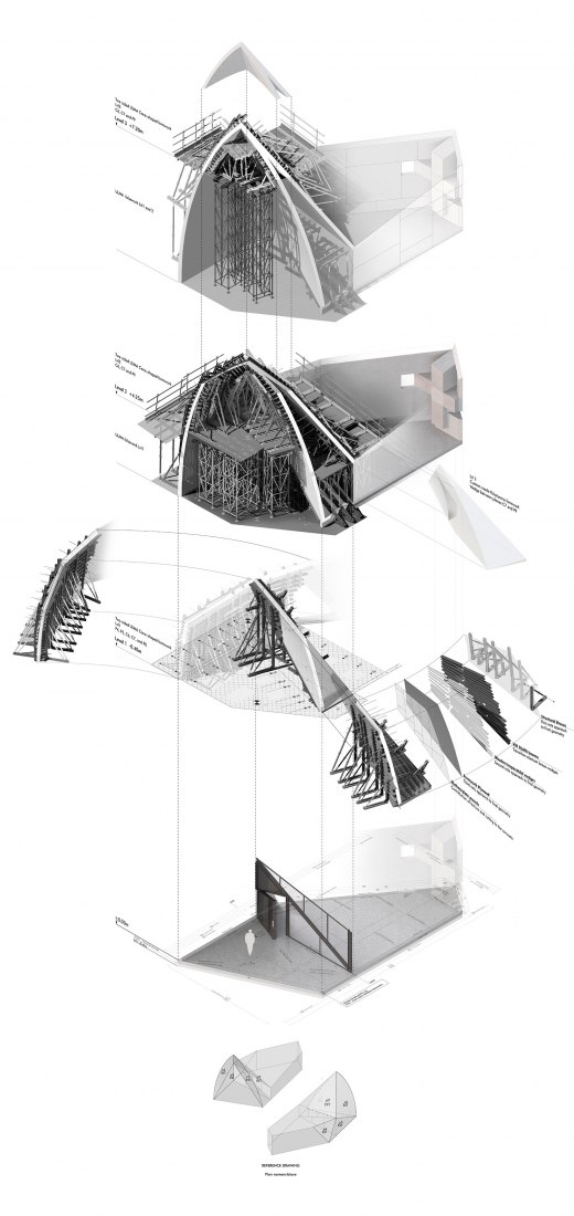 Axonometry. Chapel in Sierra la Villa. Design by Juan Carlos Sancho, Sol Madridejos.