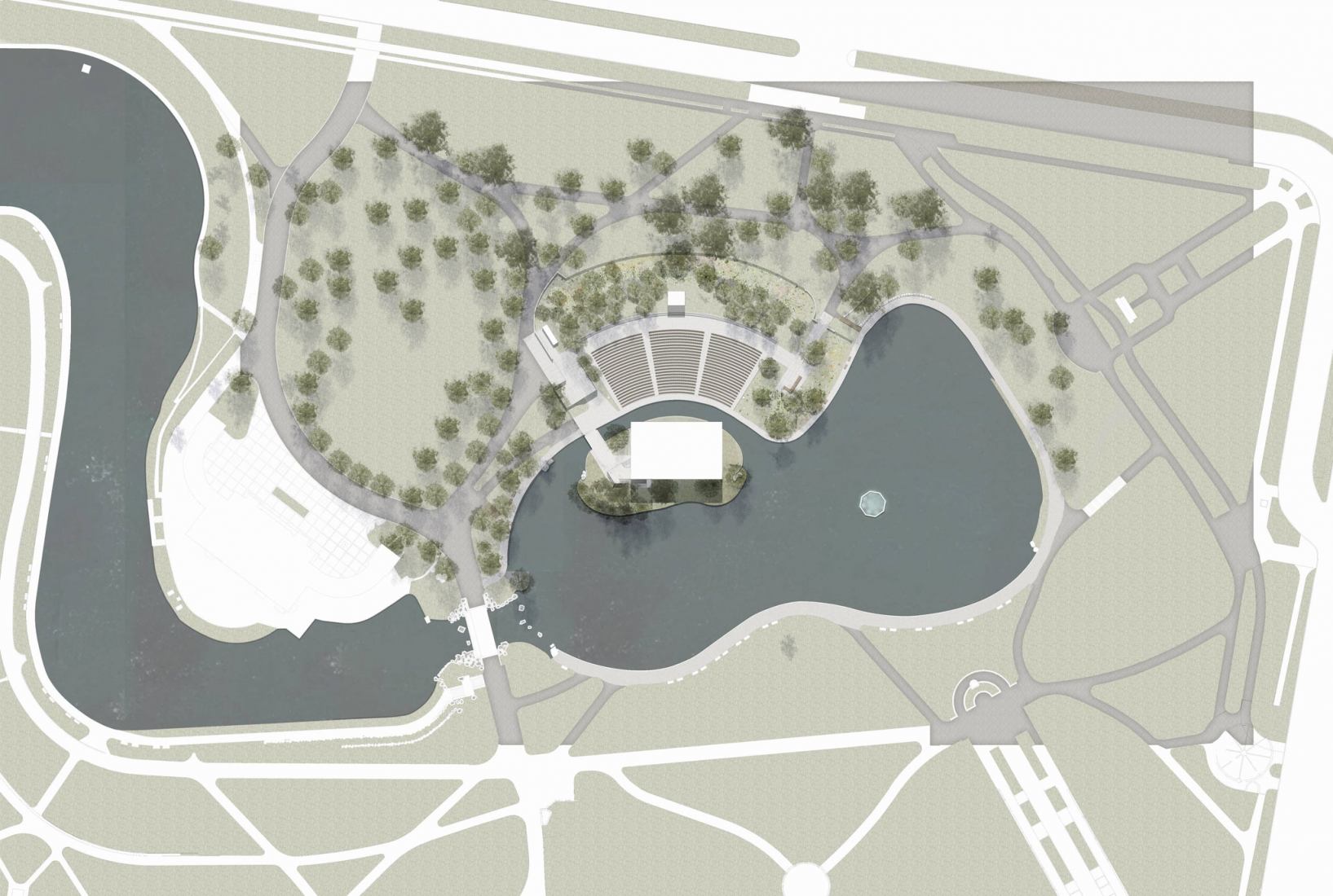 Plano de situación. Théâtre de Verdure del parque La Fontaine por Lemay. 