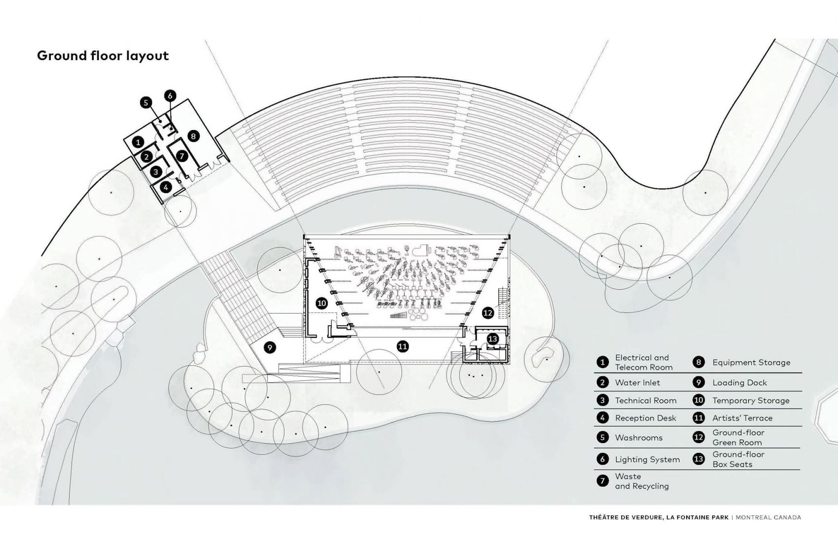 Plano de planta. Théâtre de Verdure del parque La Fontaine por Lemay. 