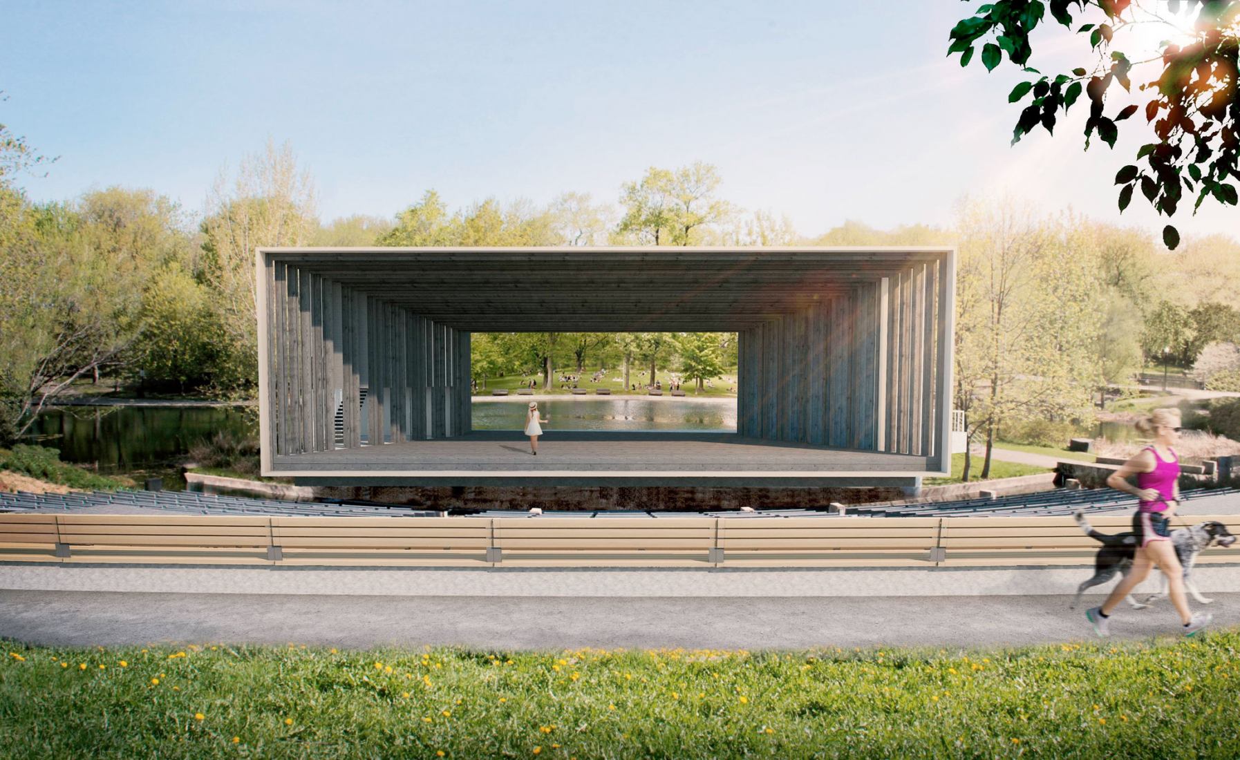 Visualización. Théâtre de Verdure del parque La Fontaine por Lemay. 