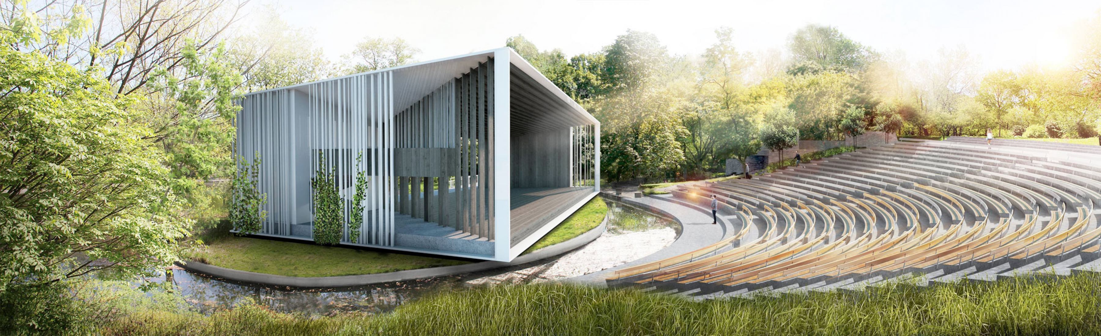 Visualización. Théâtre de Verdure del parque La Fontaine por Lemay. 