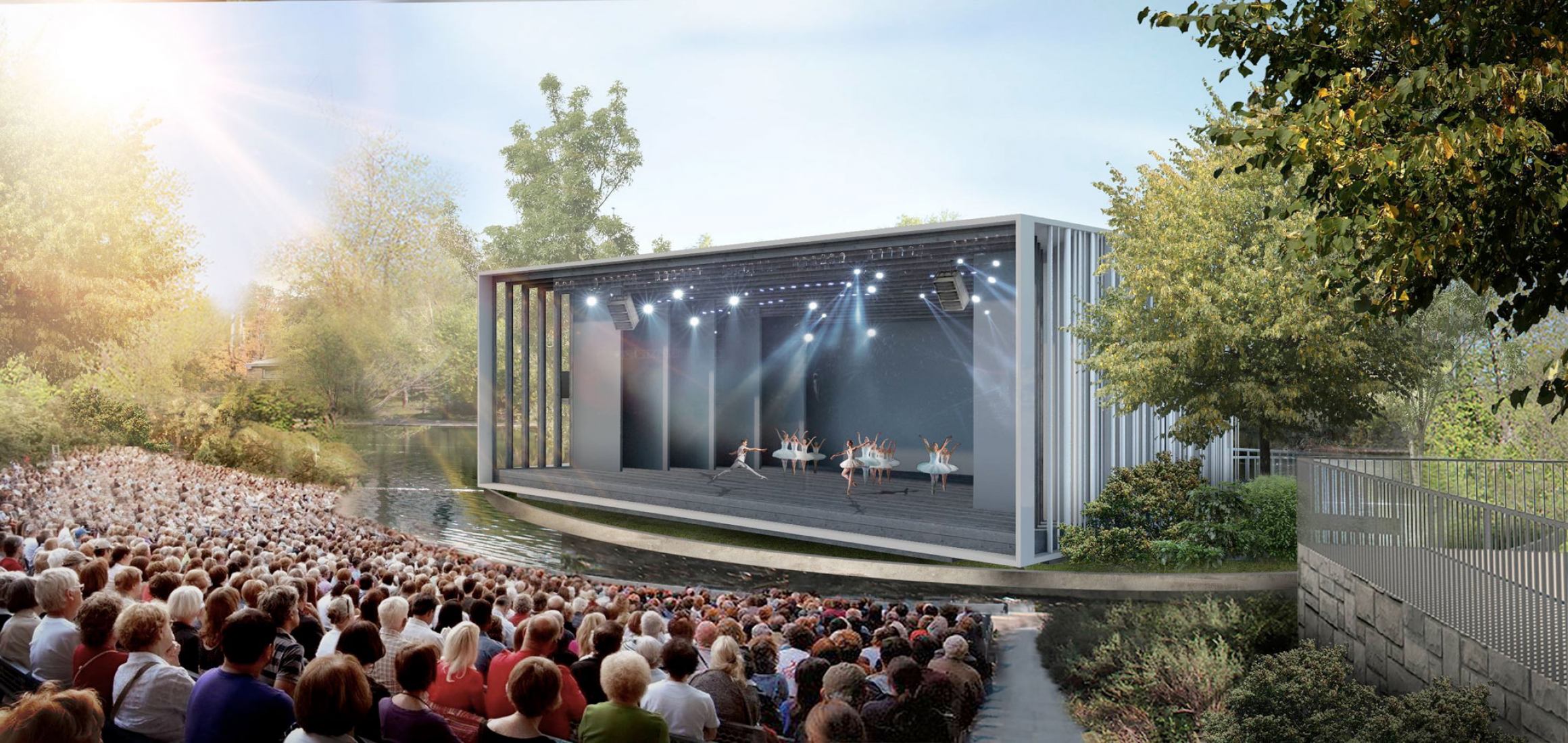 Visualización. Théâtre de Verdure del parque La Fontaine por Lemay. 