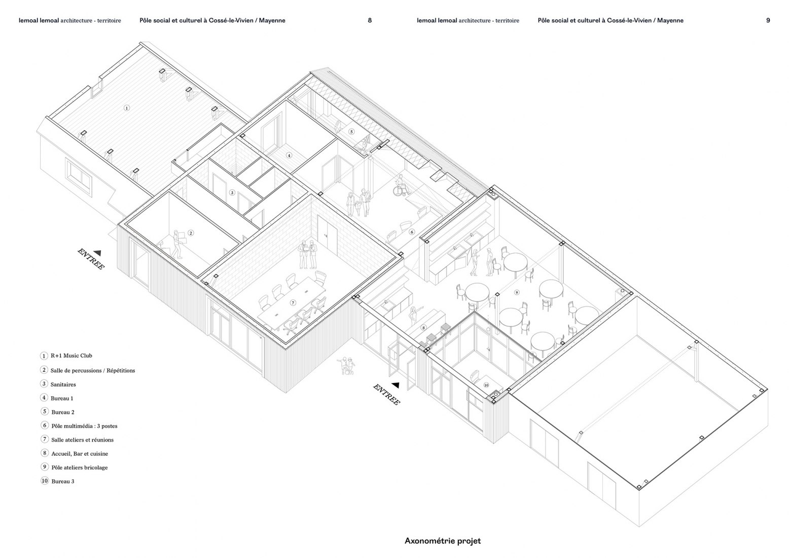 Axonometría. Centro social y cultural en Cossé-le-Vivien por Lemoal Lemoal Architectes.