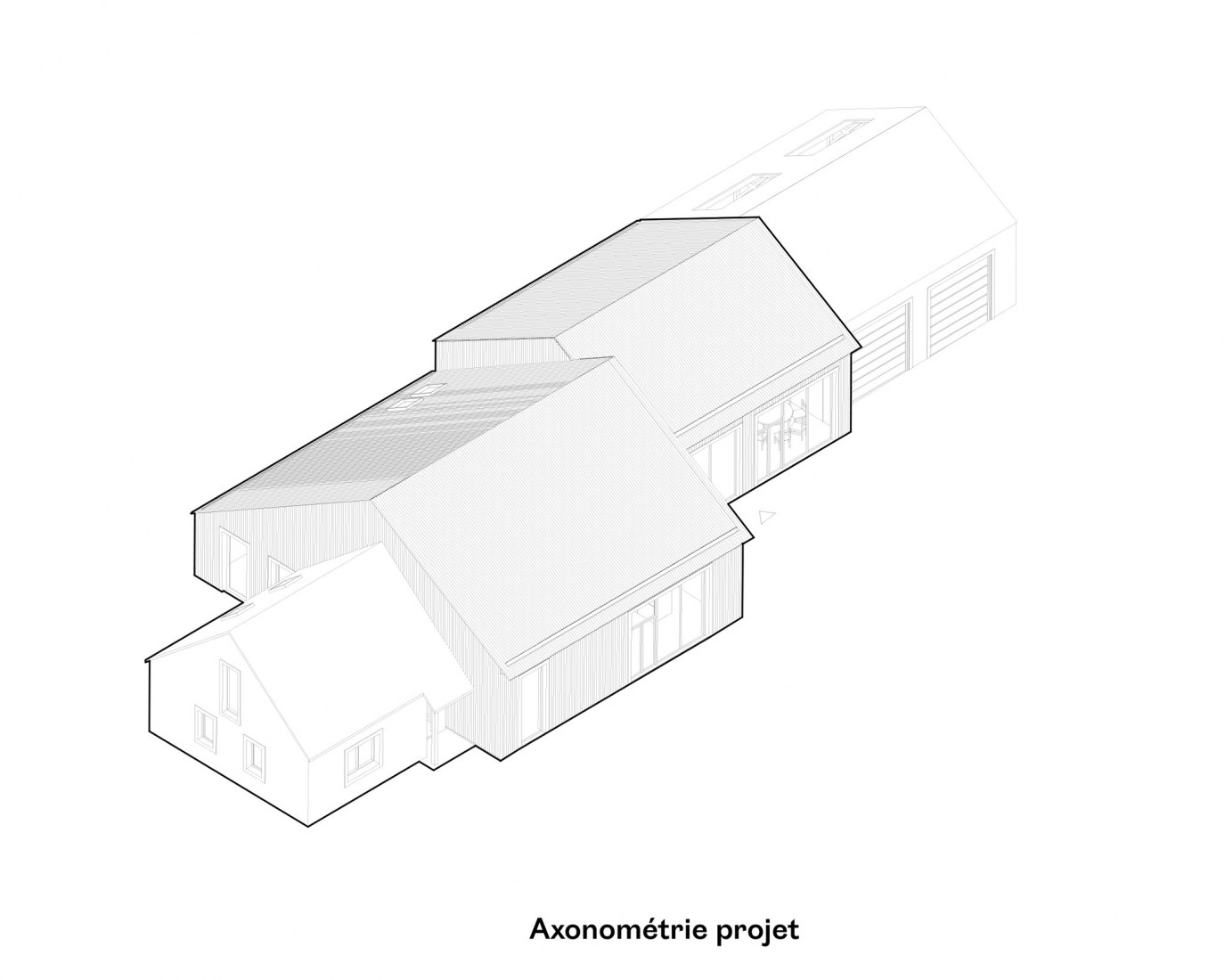 Axonometría. Centro social y cultural en Cossé-le-Vivien por Lemoal Lemoal Architectes.
