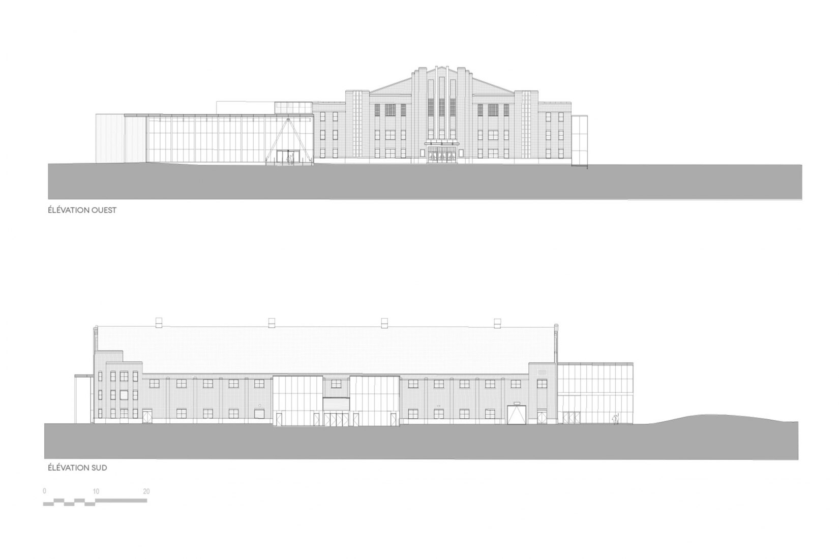 Alzados oeste y sur. Auditorio de Verdún por Les Architectes FABG