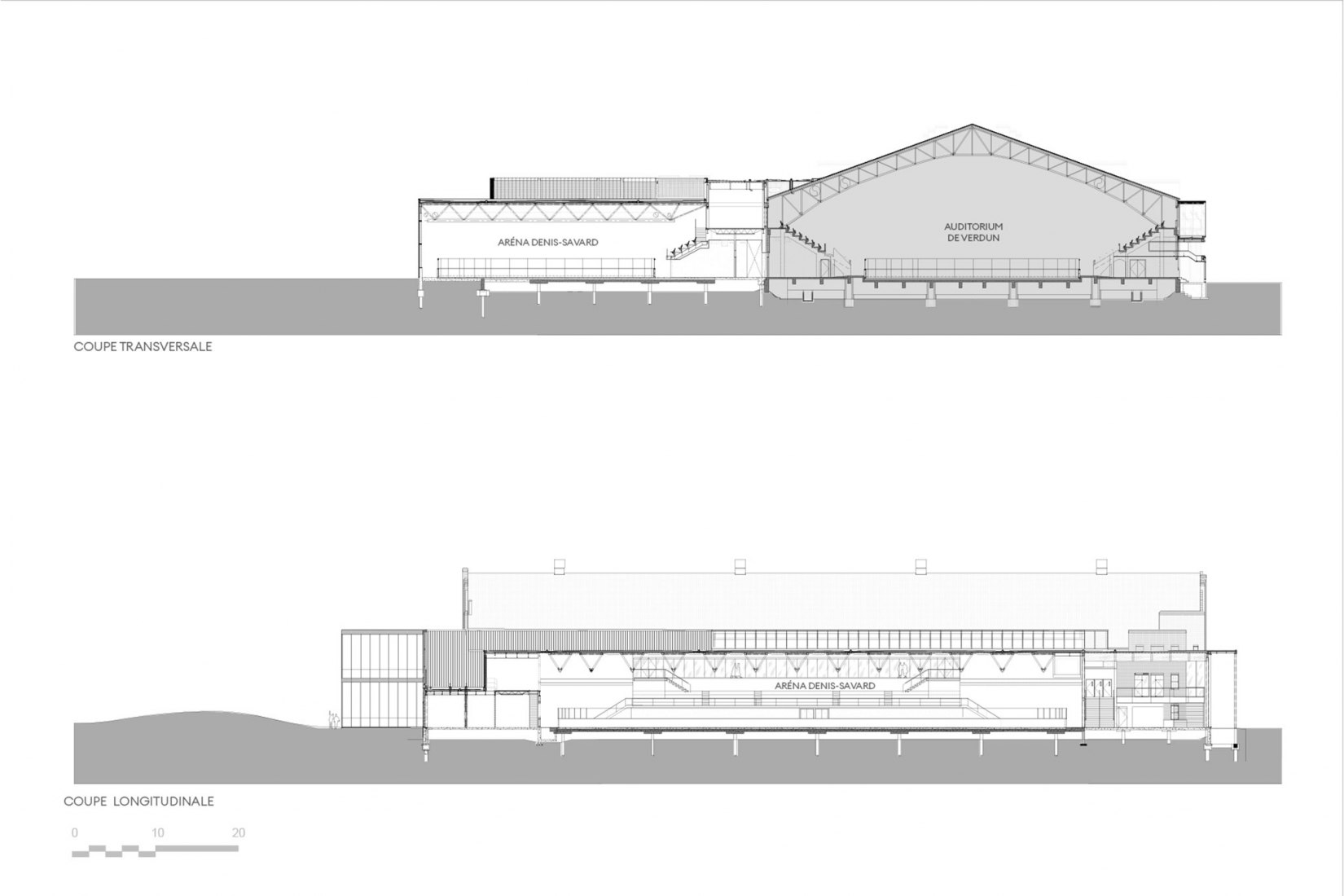 Secciones transversal y longitudinal. Auditorio de Verdún por Les Architectes FABG