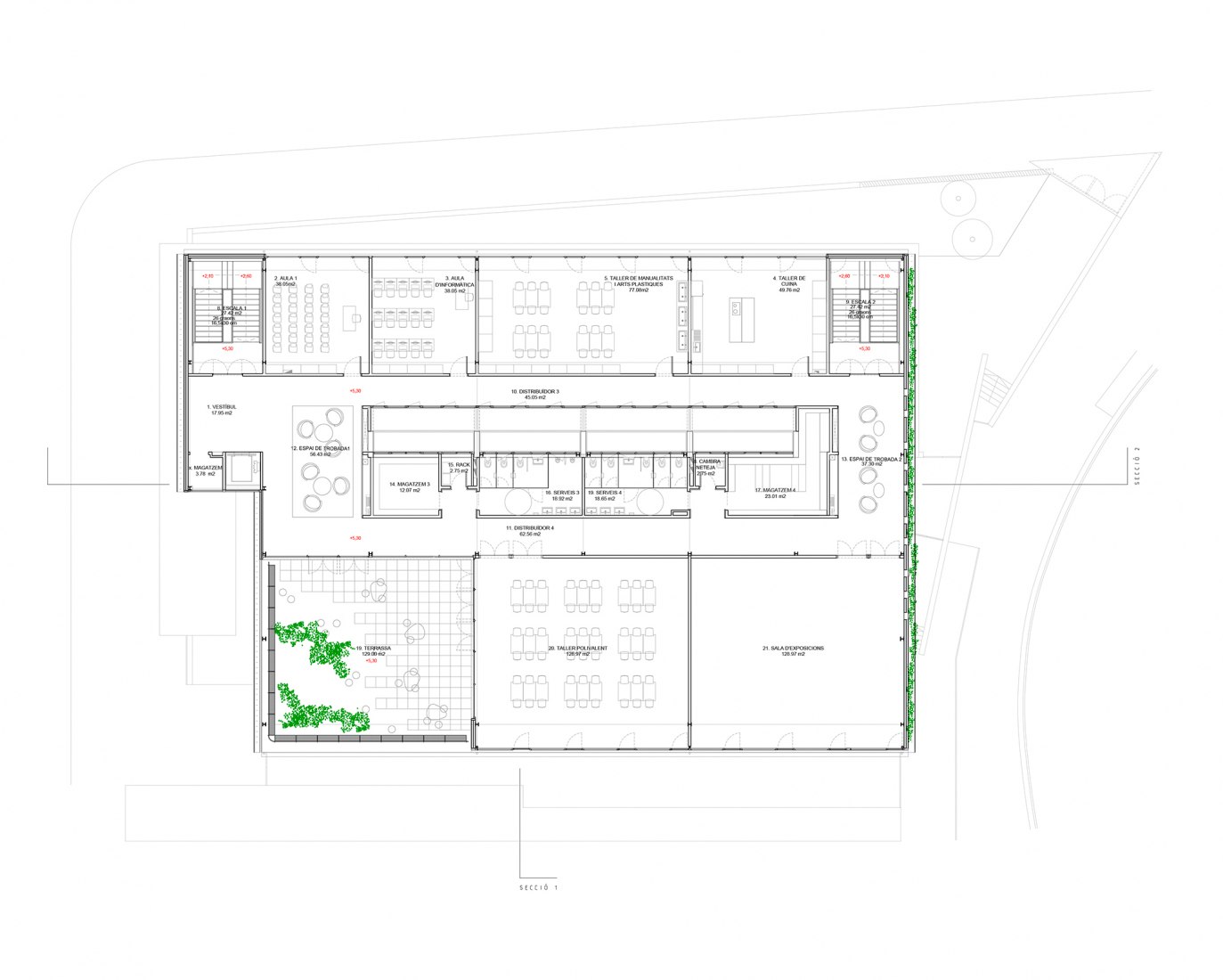 First floor. Community Center 'Les Corts' by Pich Architects. Image courtesy of Pich Architects.