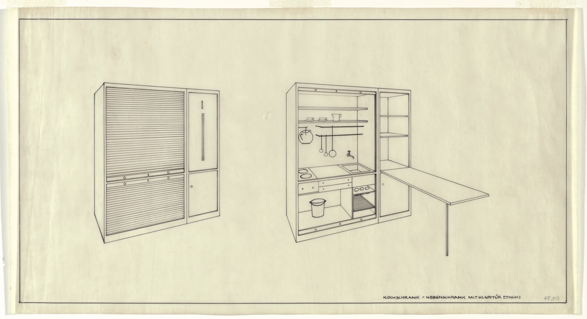 Single-Person Apartment in The Dwelling of Our Time, German Building Exhibition, Berlin, Germany (Two perspectives, cooking cupboard with side cabinet) 1931.