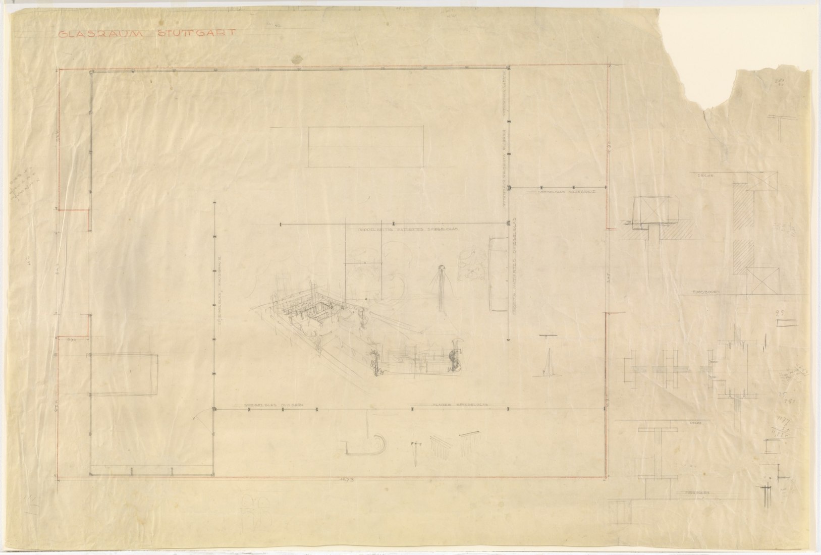 Ludwig Mies van der Rohe, Lilly Reich Die Wohnung, Weissenhofsiedlung Werkbund Exposition, Stuttgart, Germany (Plan for the Glass Industry Exhibit) 1926.