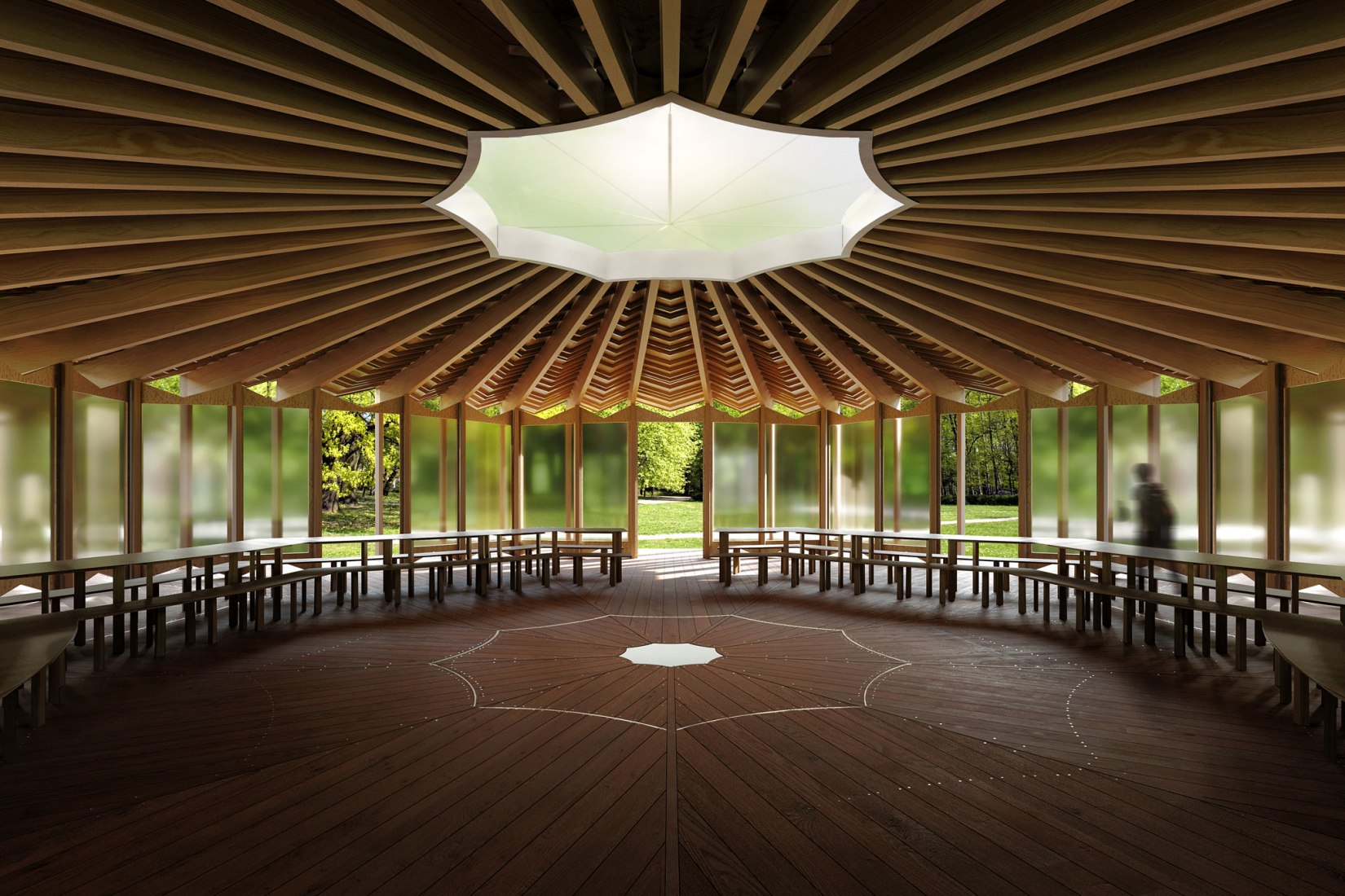 Interior view. Serpentine Pavilion 2023 designed by Lina Ghotmeh. Rendering by Lina Ghotmeh. Image courtesy by Serpentine