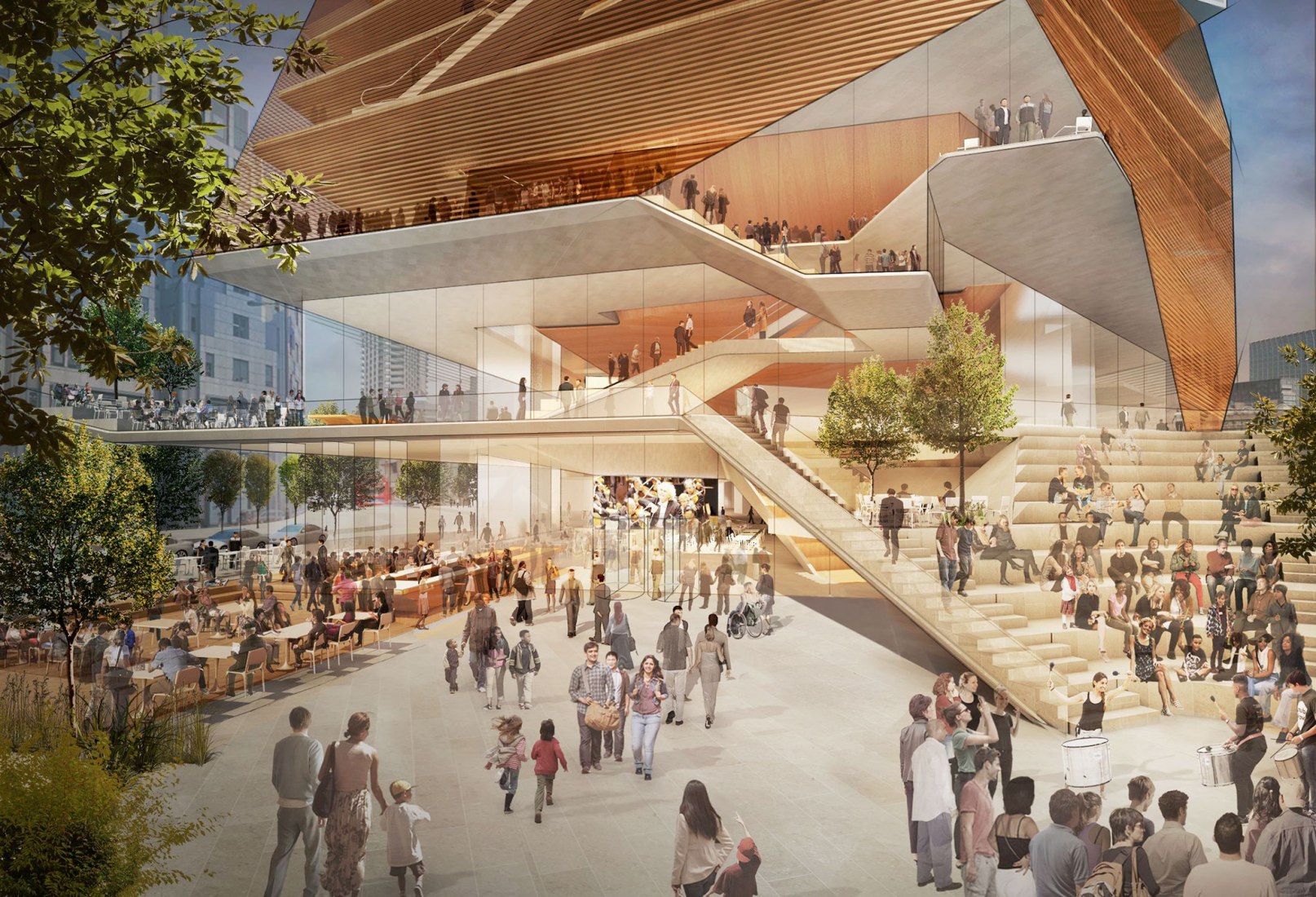 Rendering. Public Realm, Accessibility. Centre for Music Exterior View, by Diller Scofidio + Renfro design studio