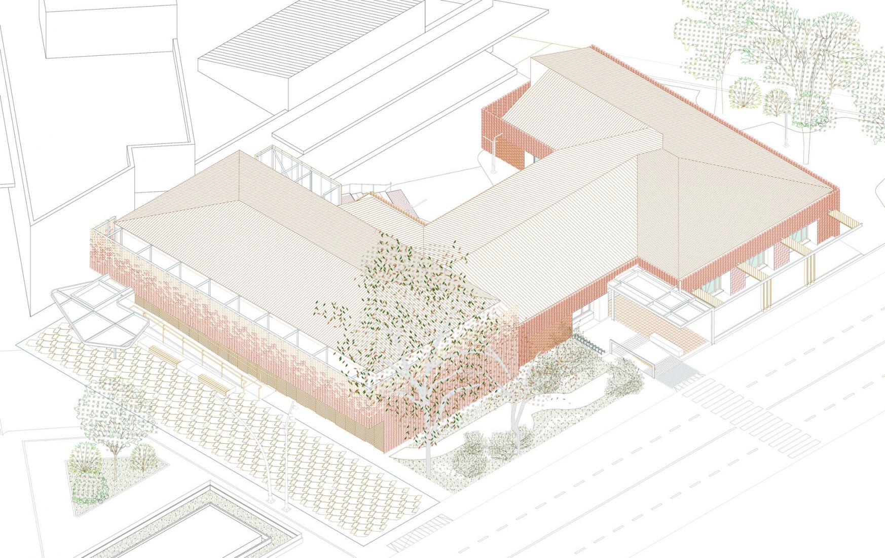 Axonométrica. Centro Cívico Roldán por López+Aroca Arquitectura.