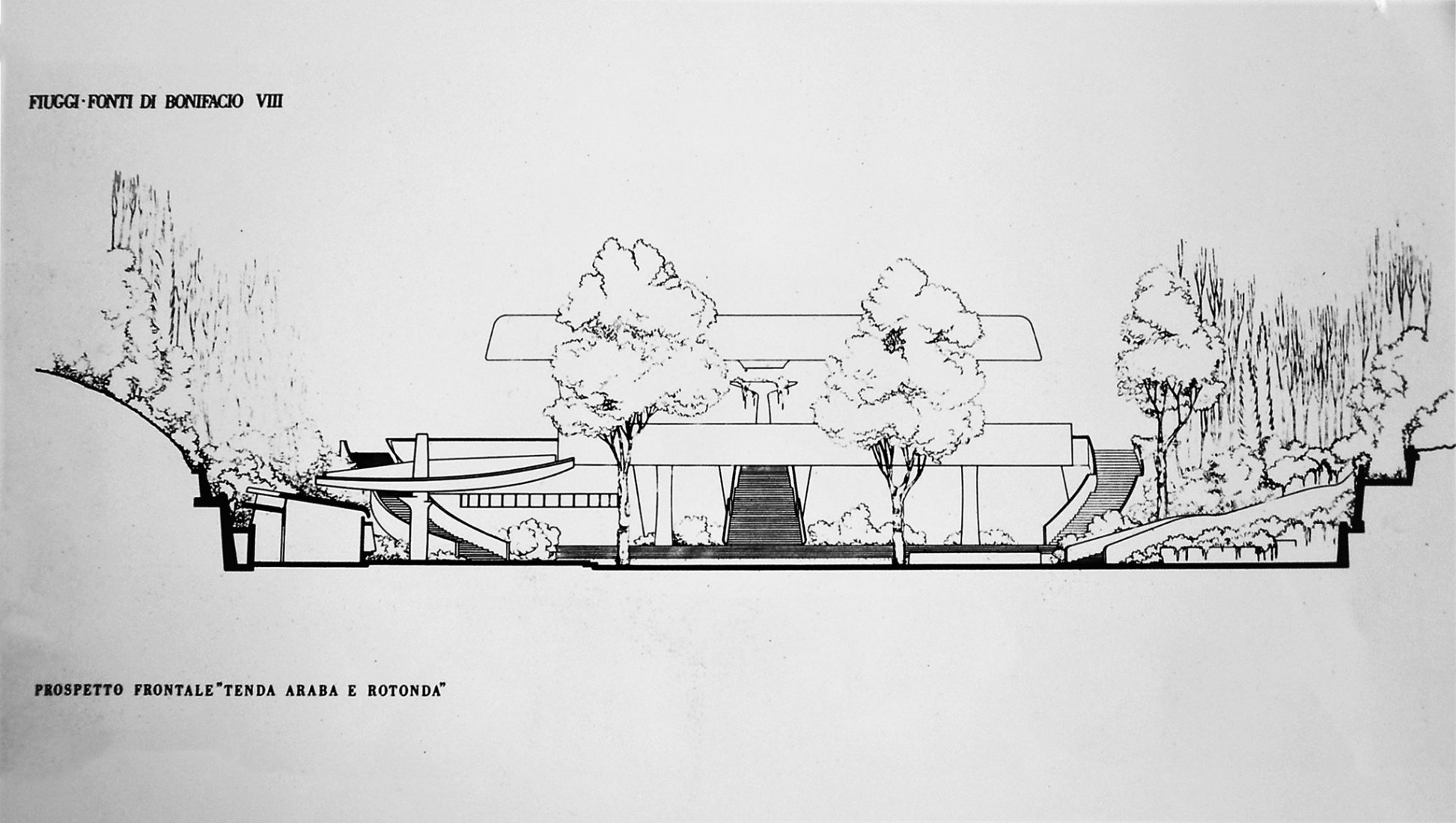 Front elevation "Arab and round tent". Bonifacio VIII thermal waters complex in Fiuggi by Luigi Moretti. Image courtesy of Fondo Moretti de l'Acs de Roma 