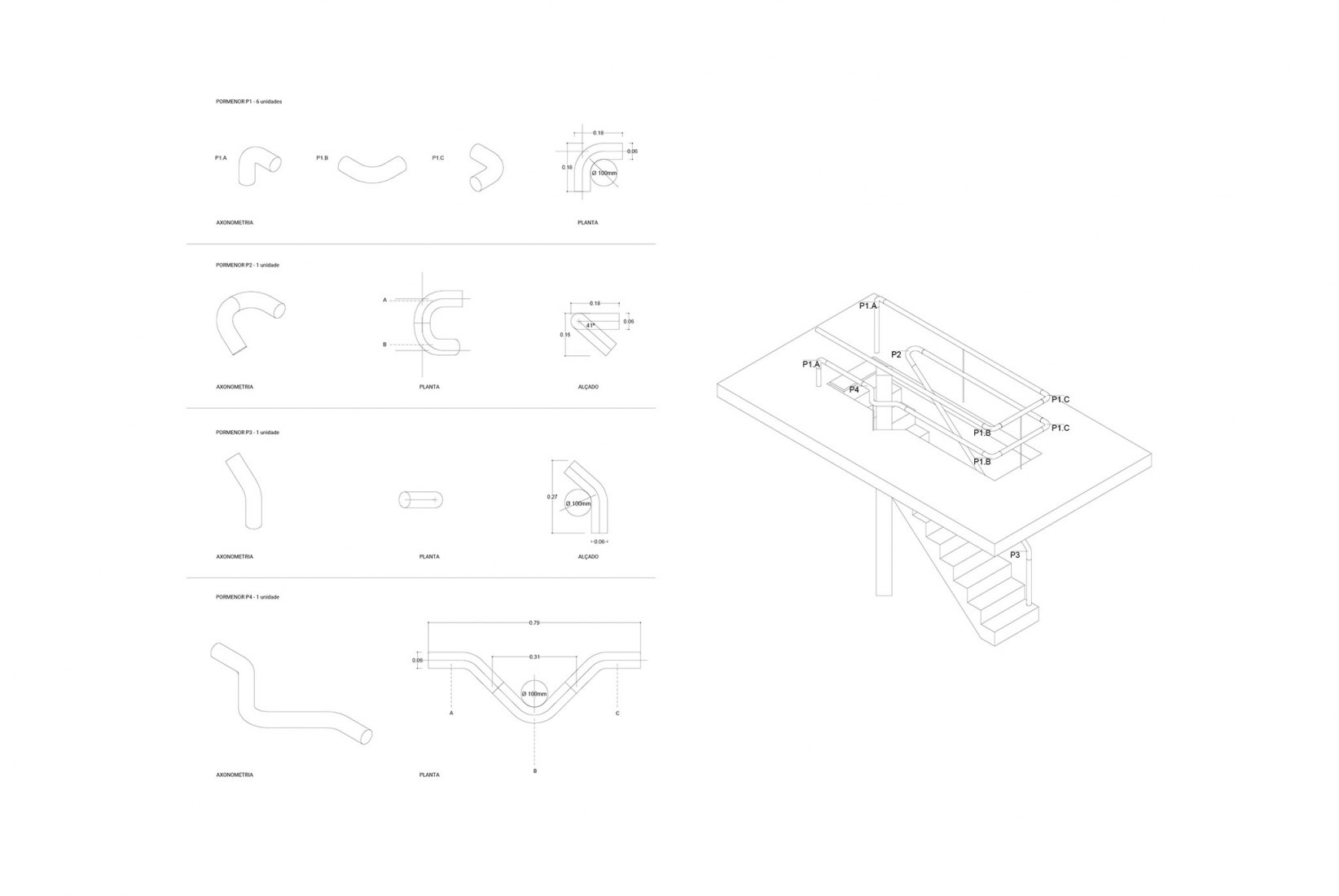 Staircase composition and axonometry. Zebros country house by M-AO.