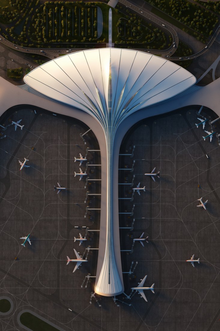 Rendering. Changchun Airport Terminal 3 by MAD Architects.