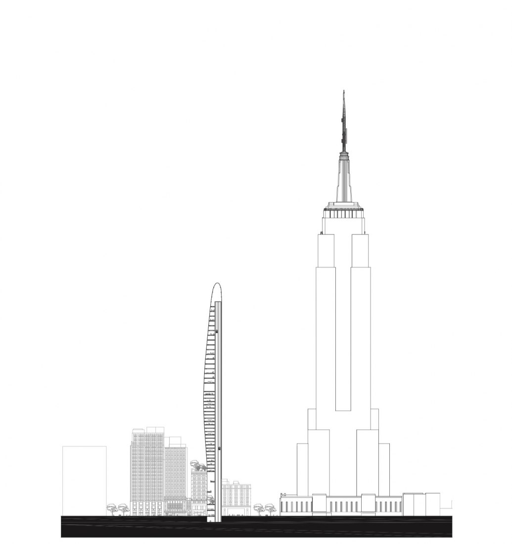 Sección que muestra la escala del edificio en relación con el Empire State Building