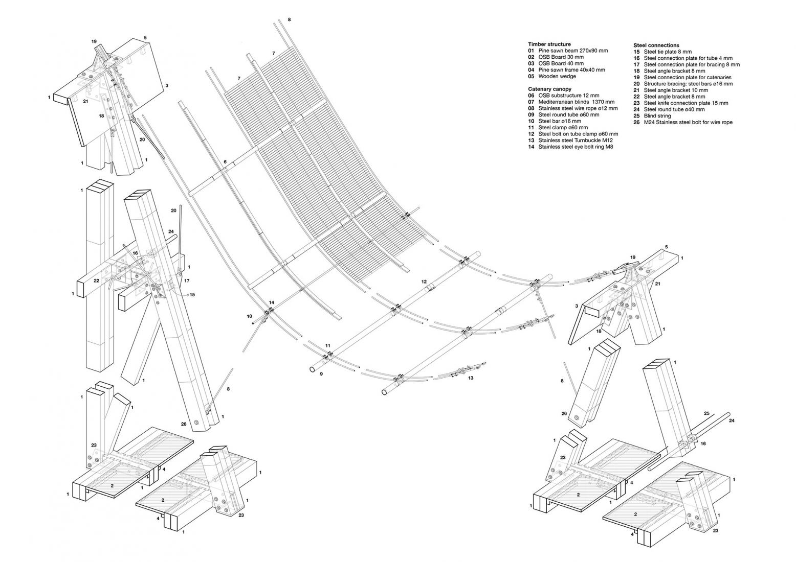 Plano de detalle constructivo, axonométrica. Pabellón Mediterráneo por Manuel Bouzas.