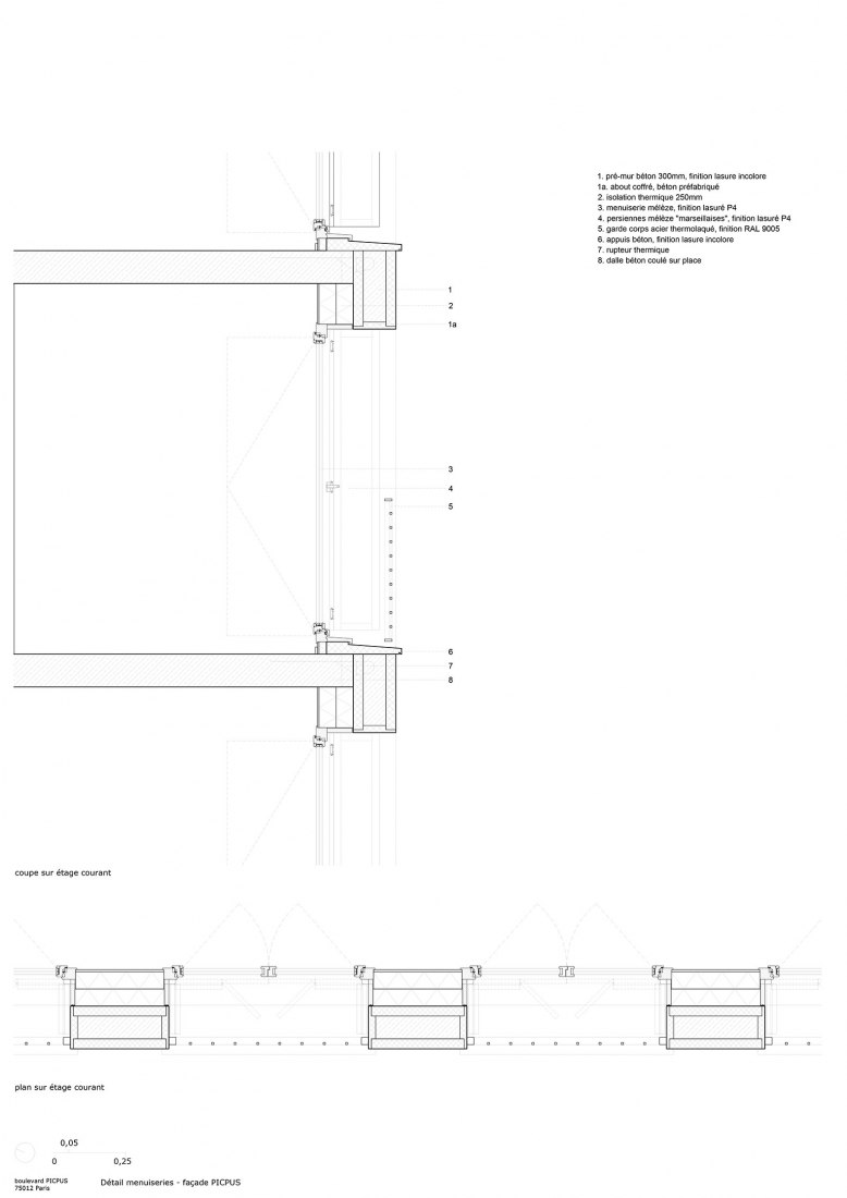 Construction detail plan facade 01. 15 social housing and commercial premises in Paris by MAO architects.