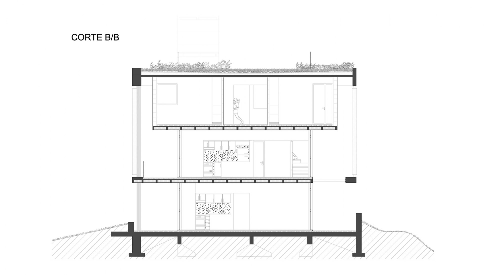 Cross section A block. UNL-ATE University Residency Complex by Marcelo Saba.