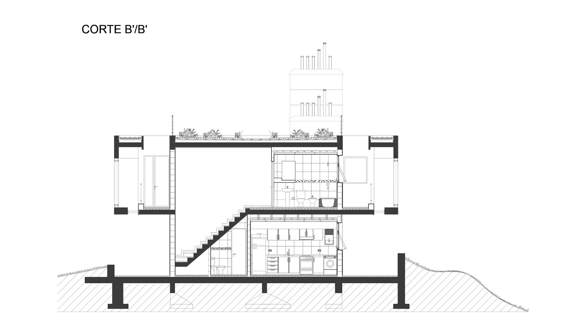 Cross section A block. UNL-ATE University Residency Complex by Marcelo Saba.