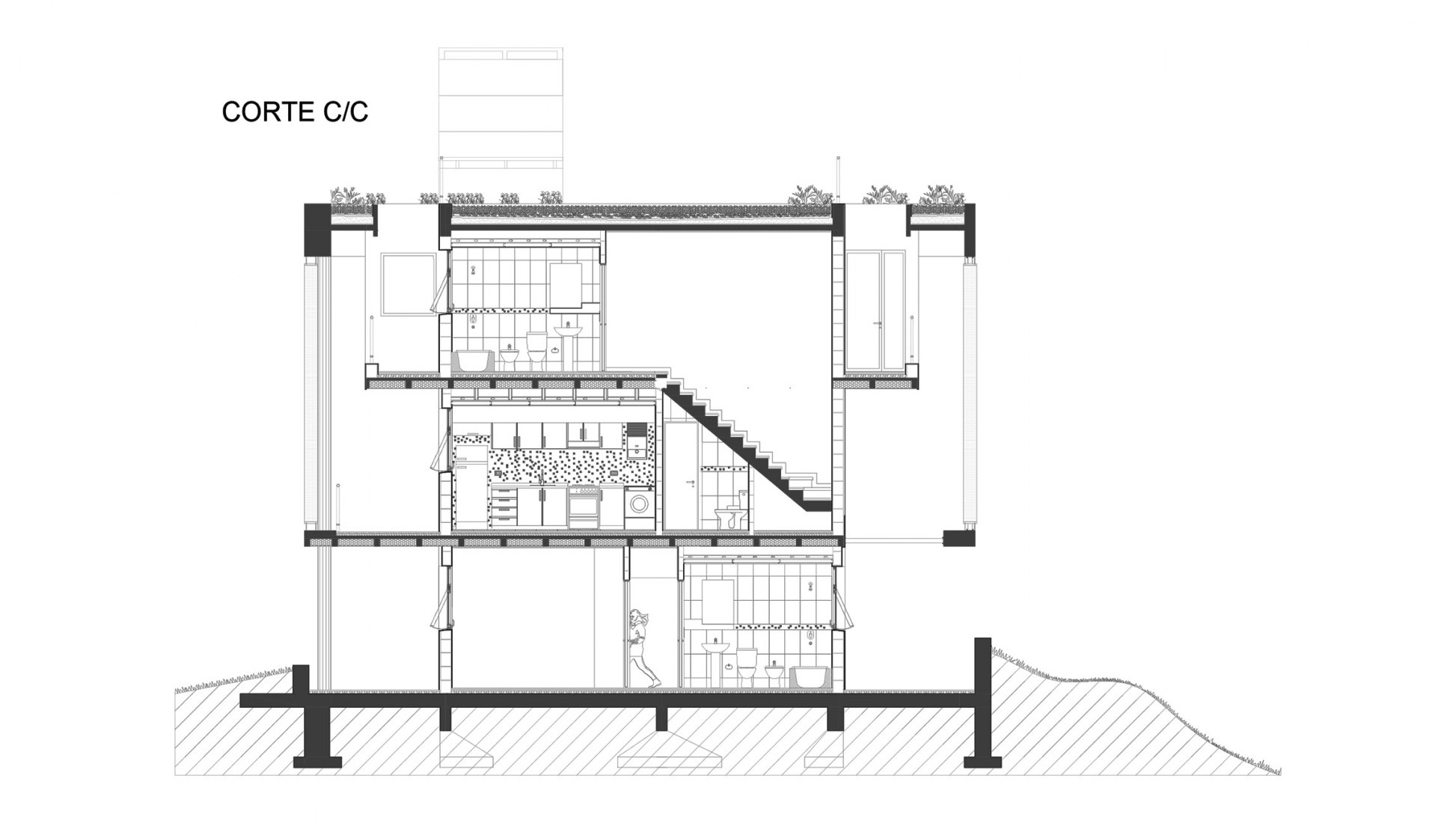 Cross section B block. UNL-ATE University Residency Complex by Marcelo Saba.