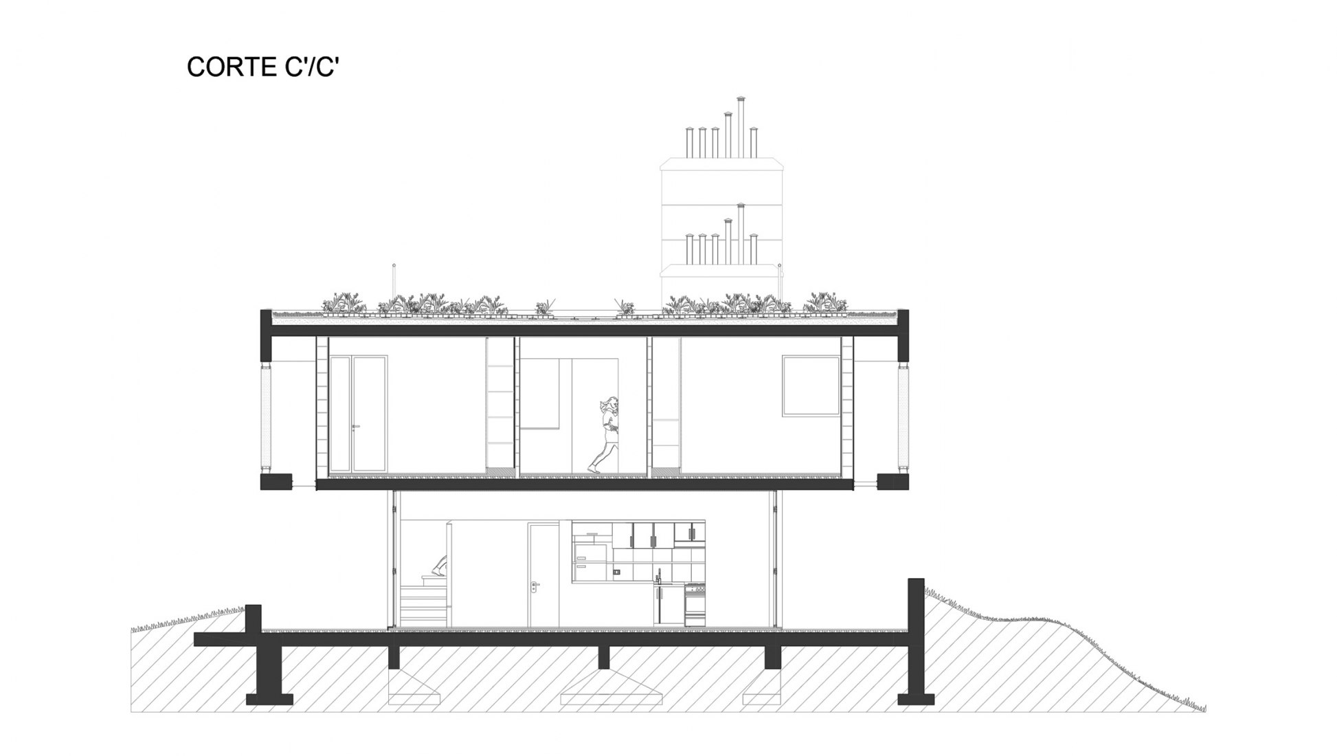 Cross section A block. UNL-ATE University Residency Complex by Marcelo Saba.