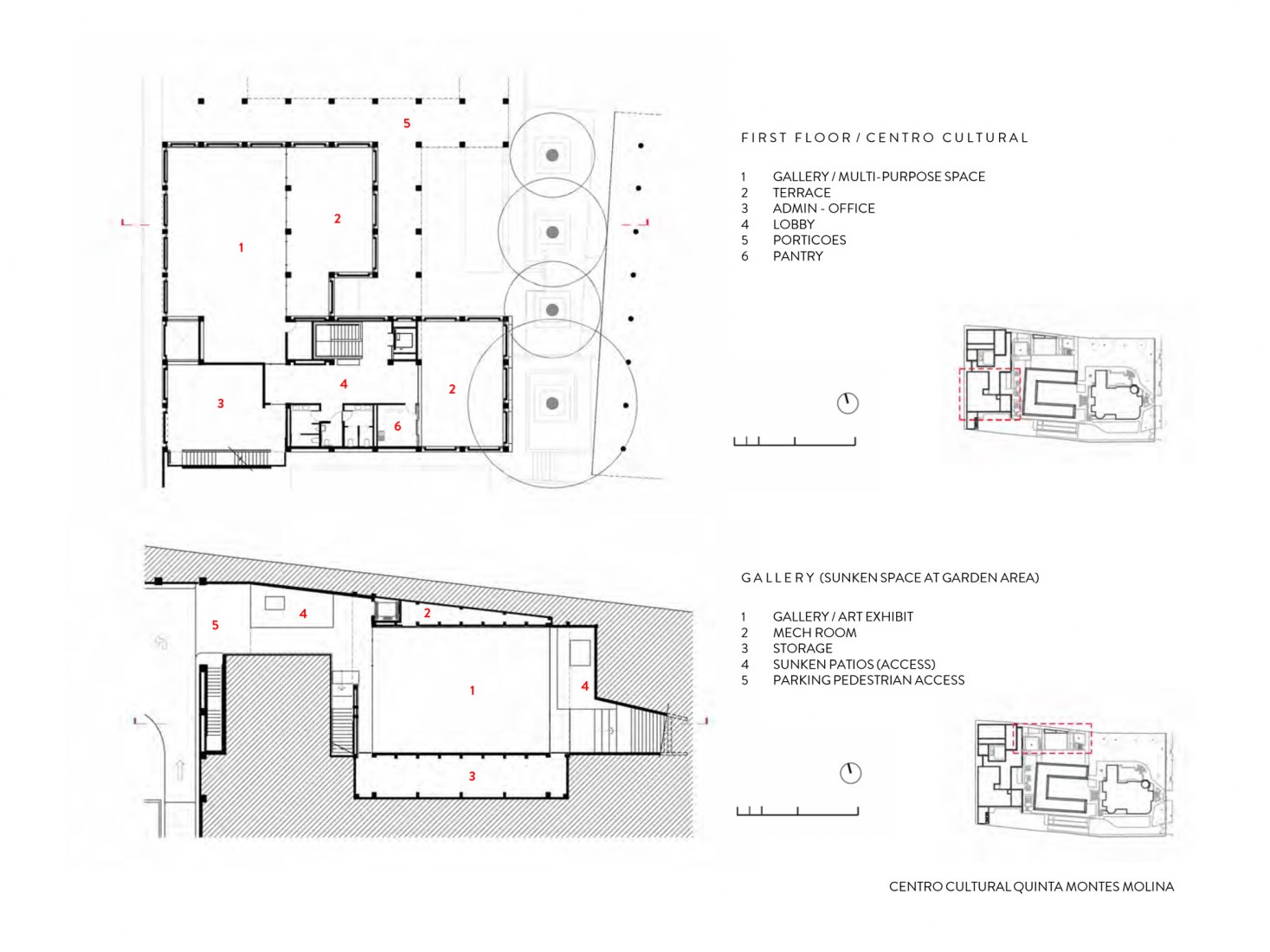 Gallery and first floor plan. QMM Cultural Center by Materia + Gustavo Carmona.