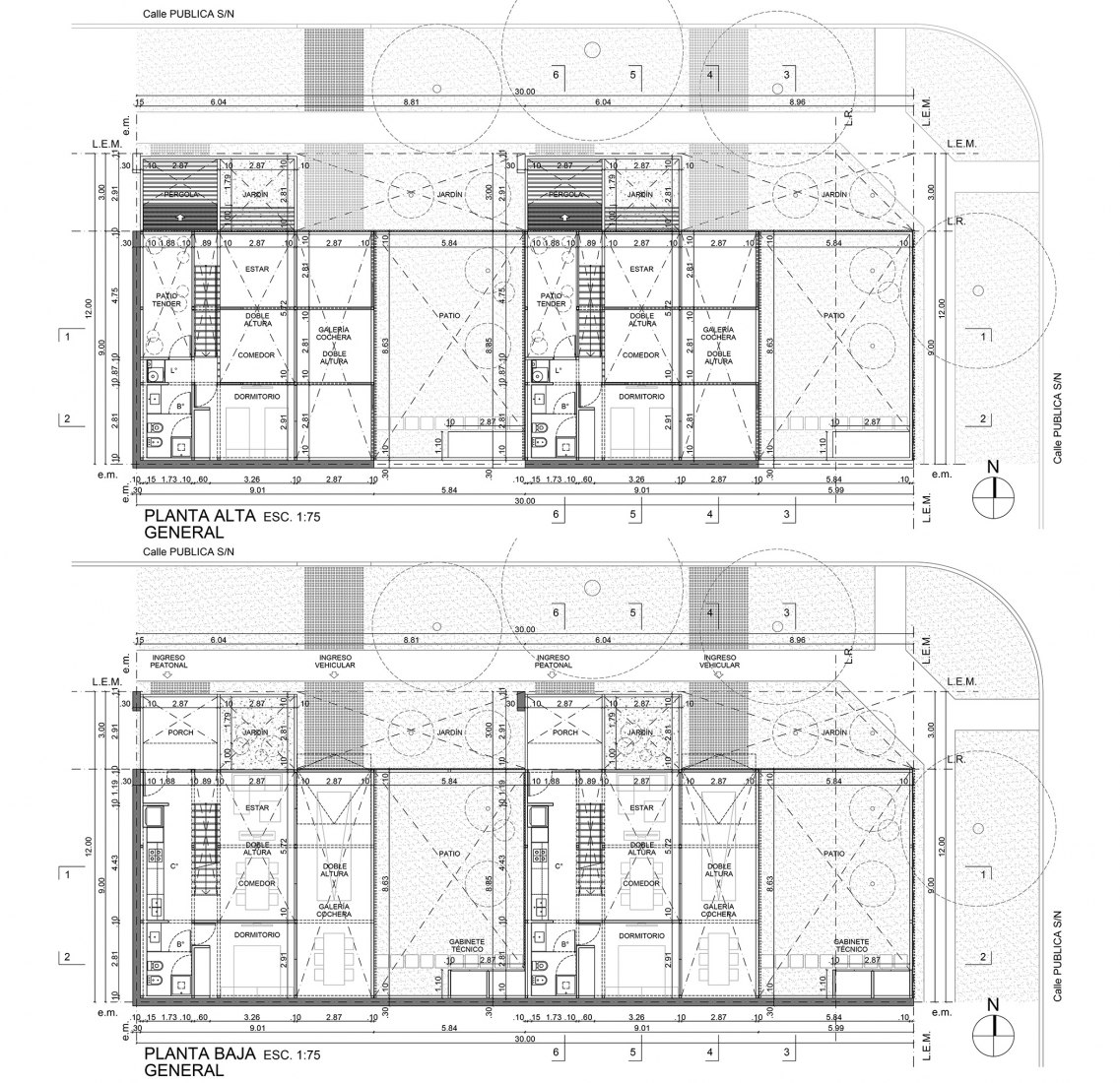 Plano de planta baja y primera acotadas. Dos casas metálicas por Mauricio Morra Arquitectos. Fotografía por Ramiro Sosa.