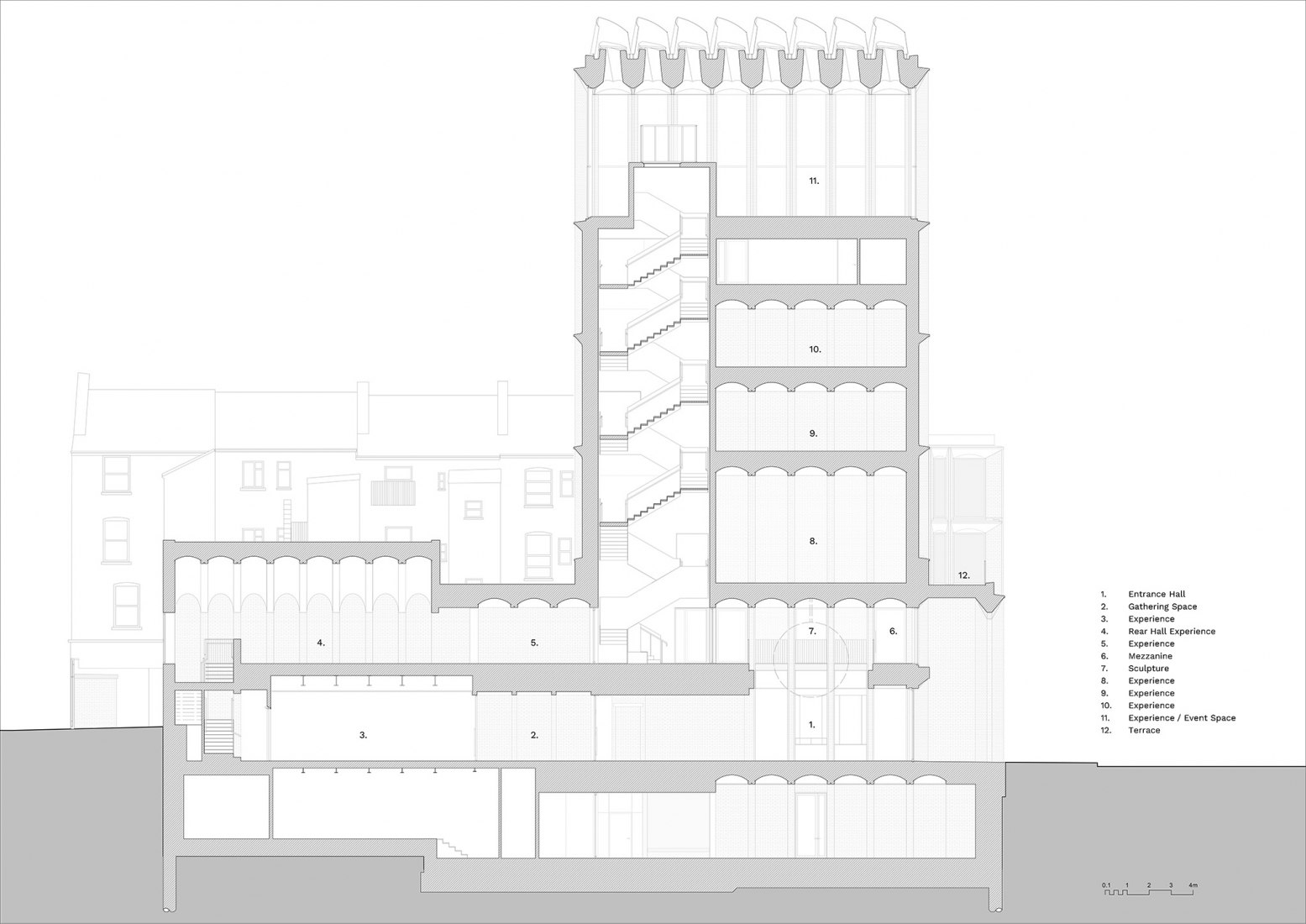 Long section. The International Rugby Experience by Níall McLaughlin Architects.