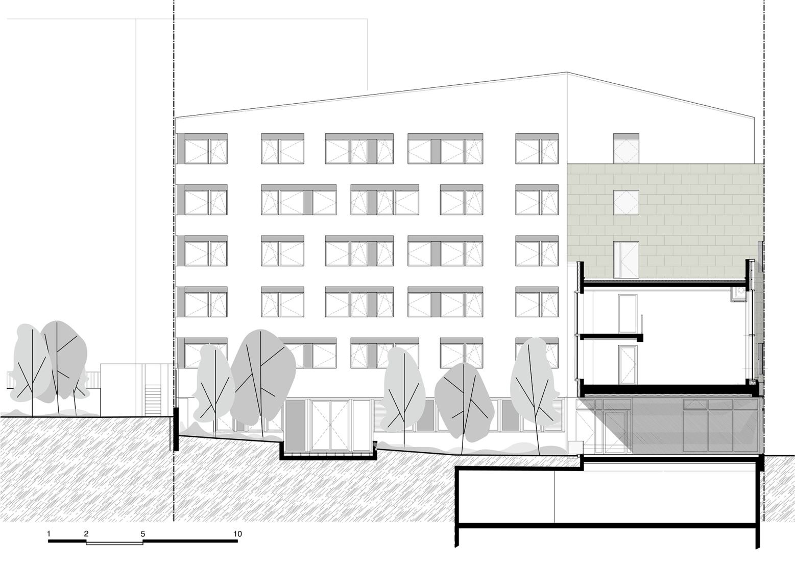 Sección. Complejo residencial Bourg-La-Reine por Margot-Duclot Architectes Associés.