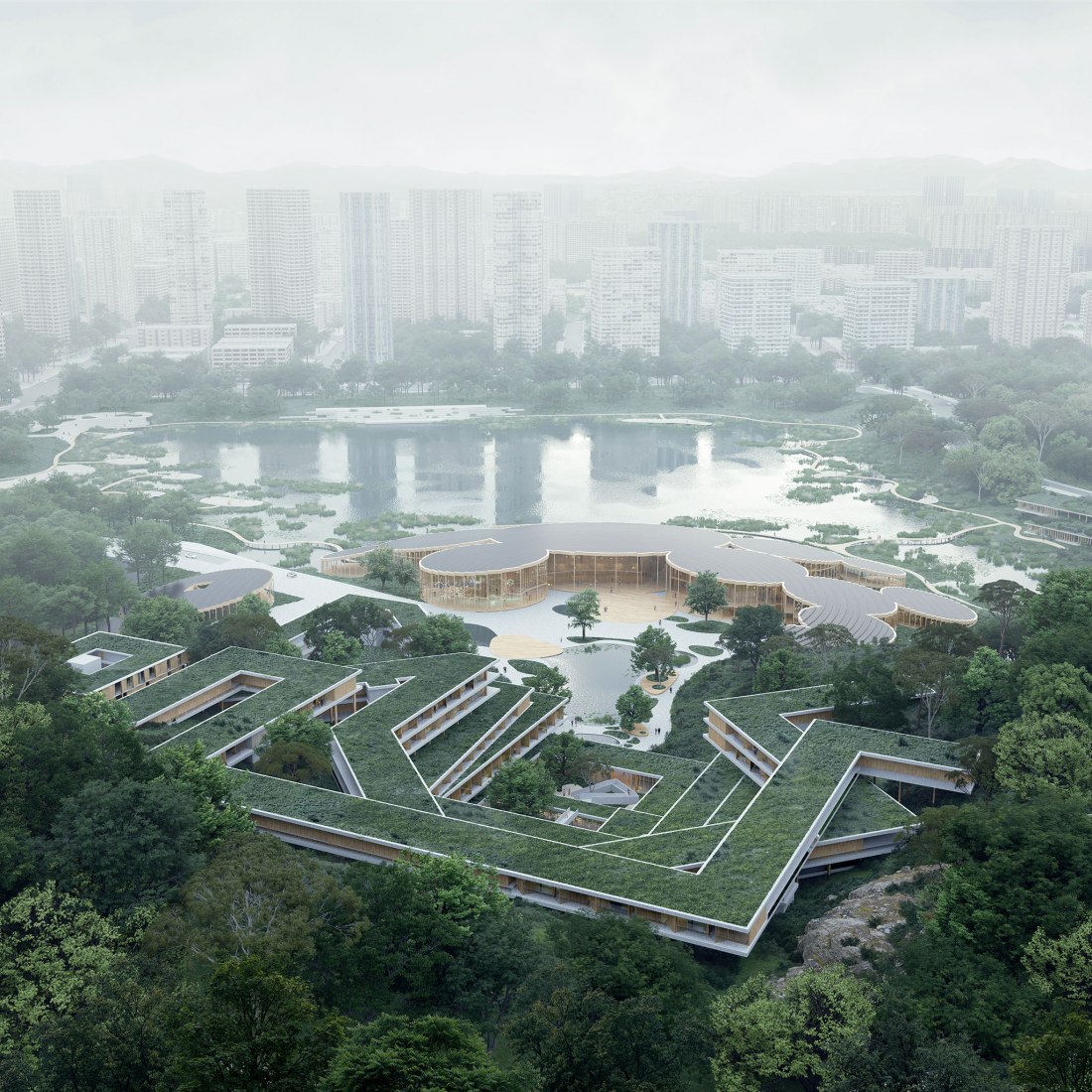 Valle Científico de Shenzhen Guangming Mecanoo, Meng Architects y LOLA Landscape Architects. Visualización por WAX.