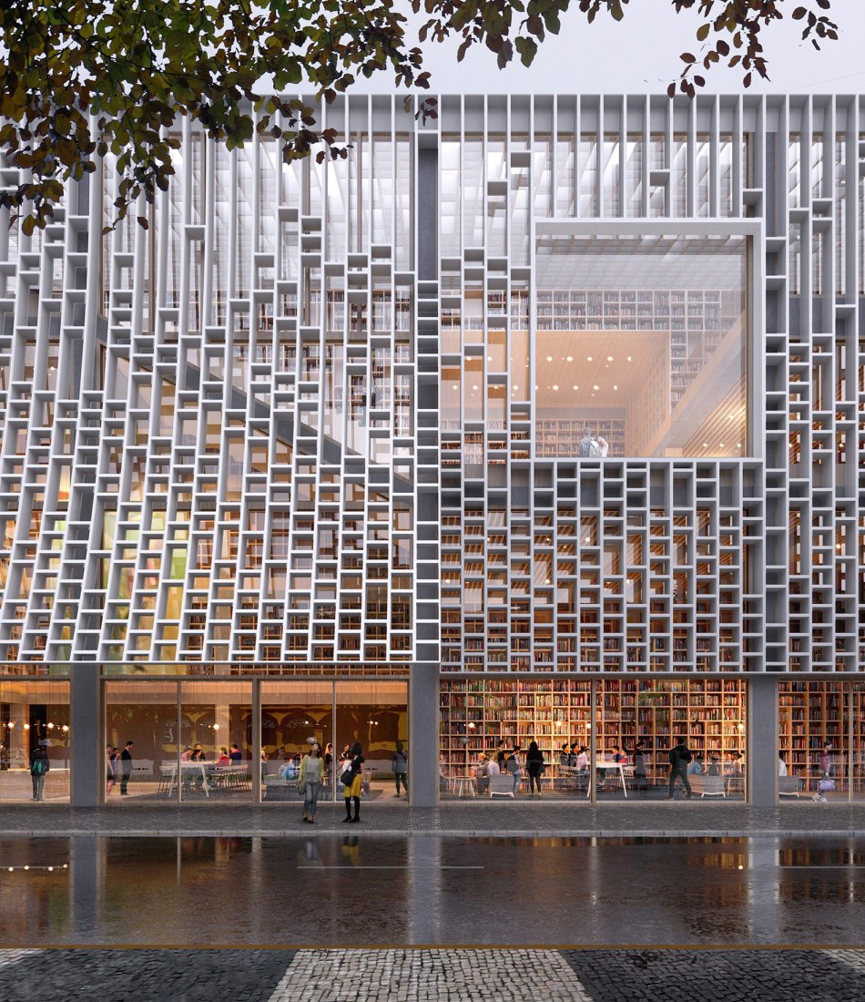 Visualización detalle de fachada. Biblioteca Central de Macao por mecanoo