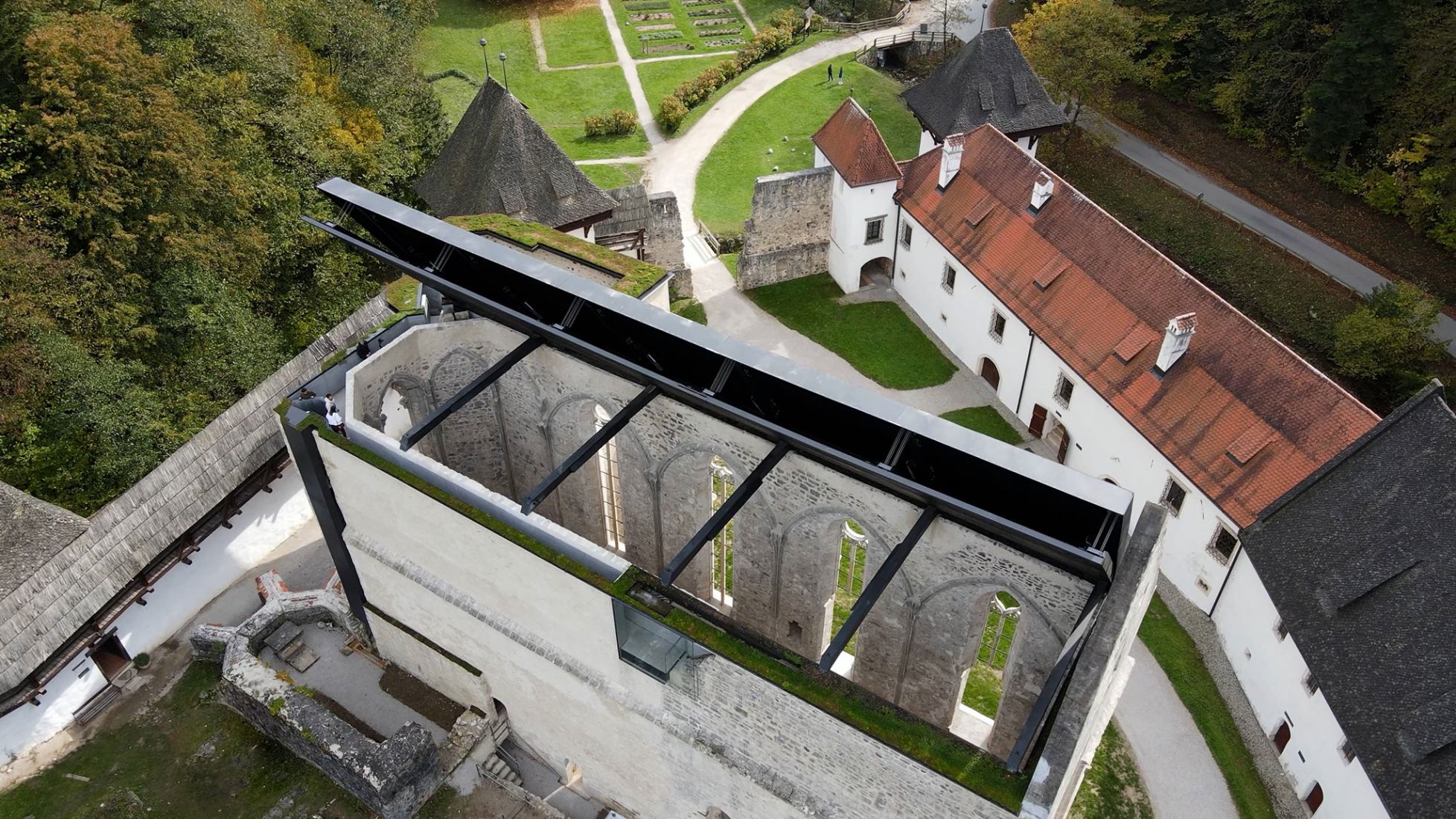 Covering the remains of the Church of St. John the Baptist in the Žiče Charterhouse by Medprostor. Photograph by Janez Skobe.