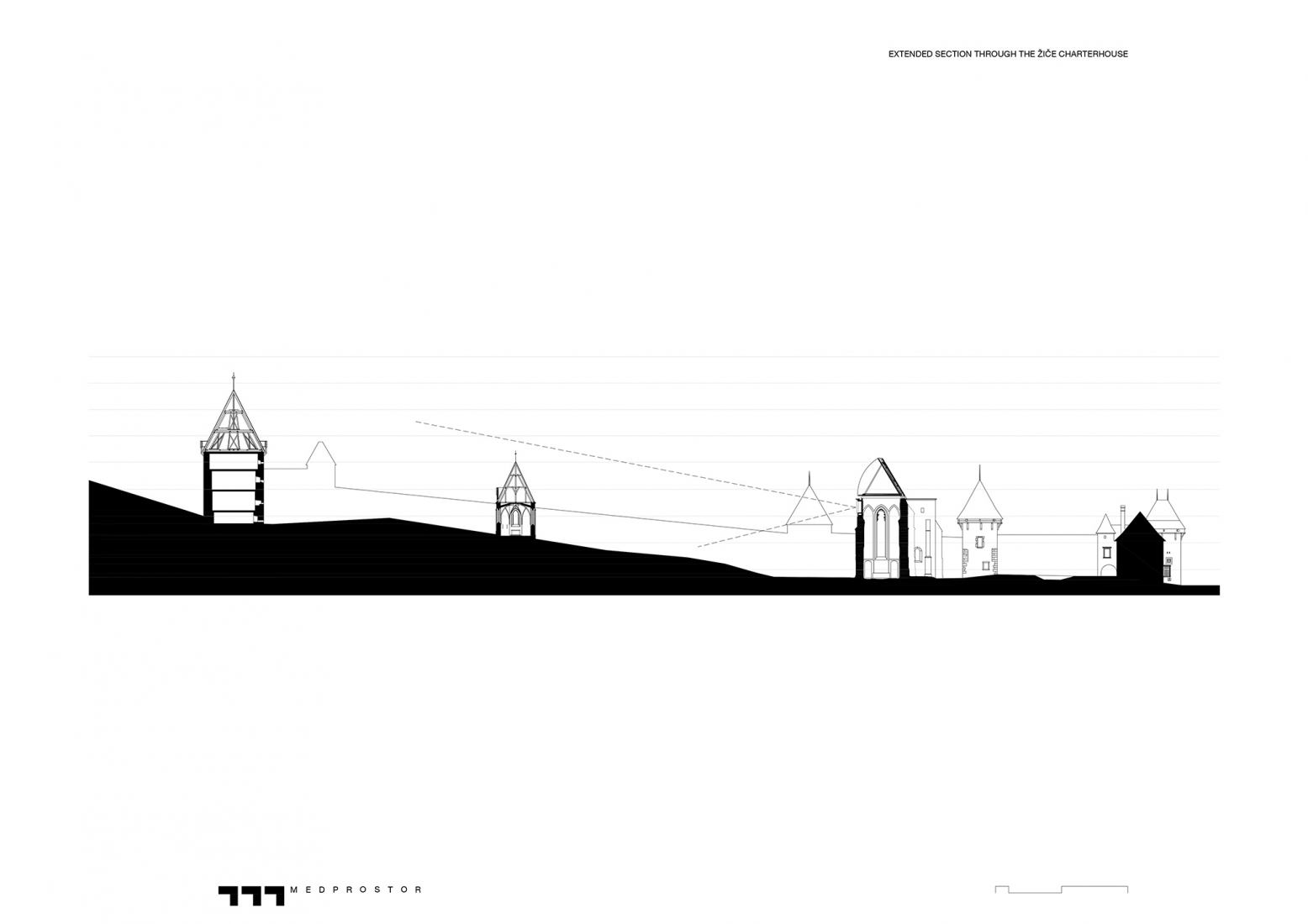 Section plan. Covering the remains of the Church of St. John the Baptist in the Žiče Charterhouse by Medprostor.