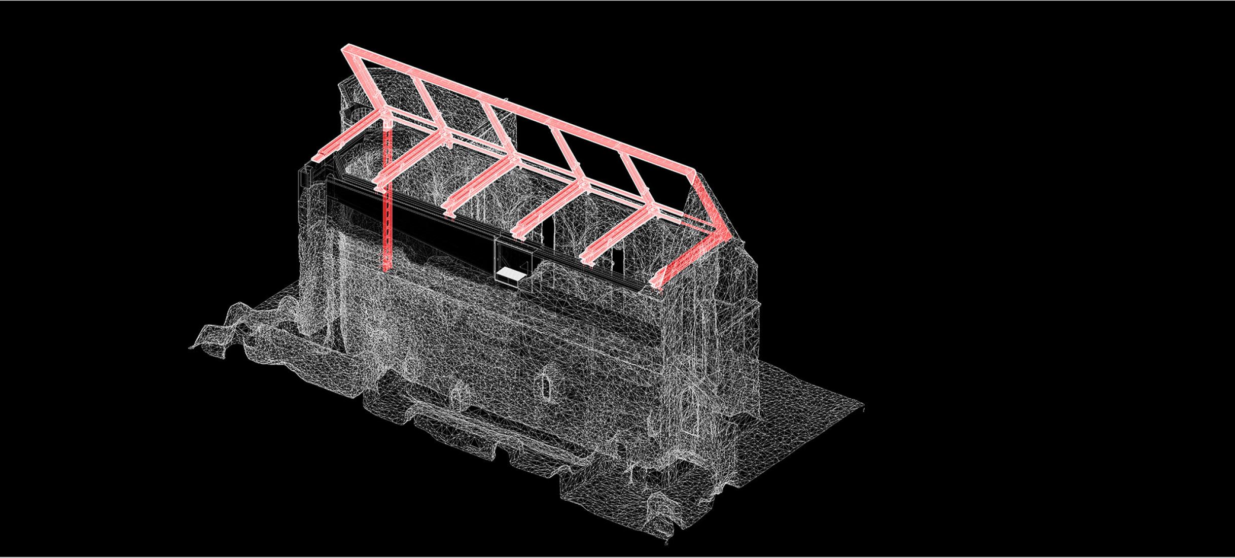 Axonometric plan. Covering the remains of the Church of St. John the Baptist in the Žiče Charterhouse by Medprostor. 
