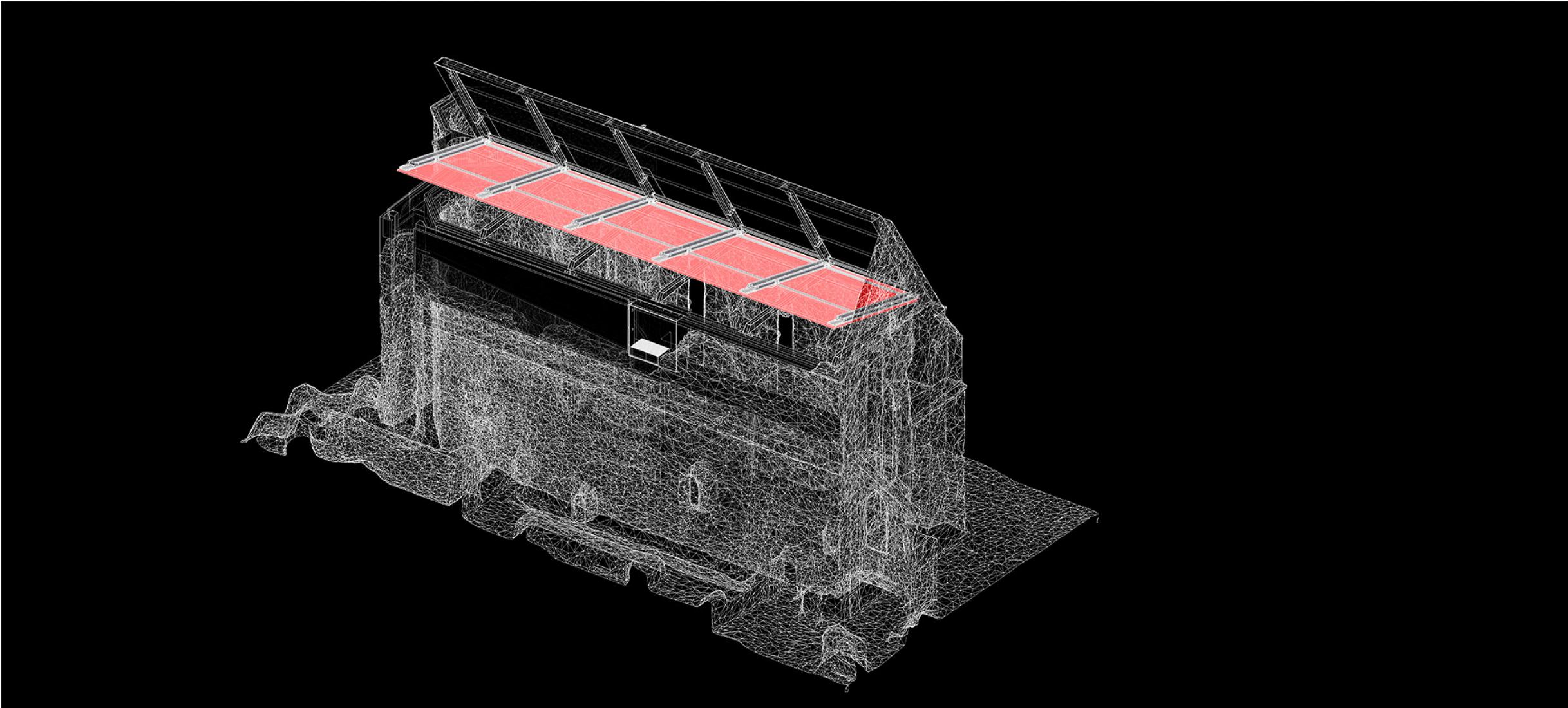 Axonometric plan. Covering the remains of the Church of St. John the Baptist in the Žiče Charterhouse by Medprostor. 