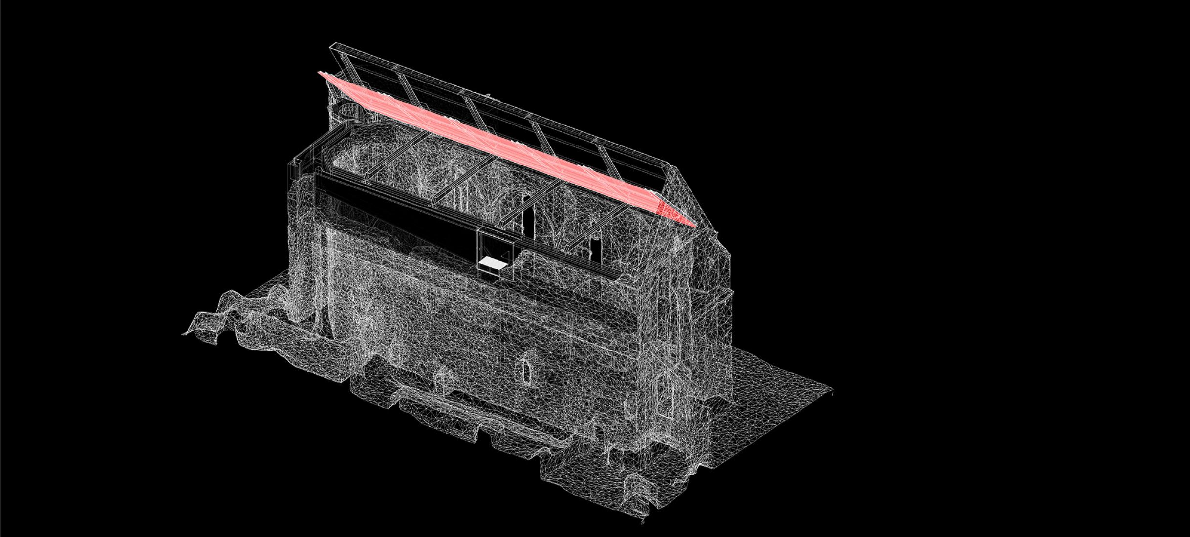 Axonometric plan. Covering the remains of the Church of St. John the Baptist in the Žiče Charterhouse by Medprostor. 