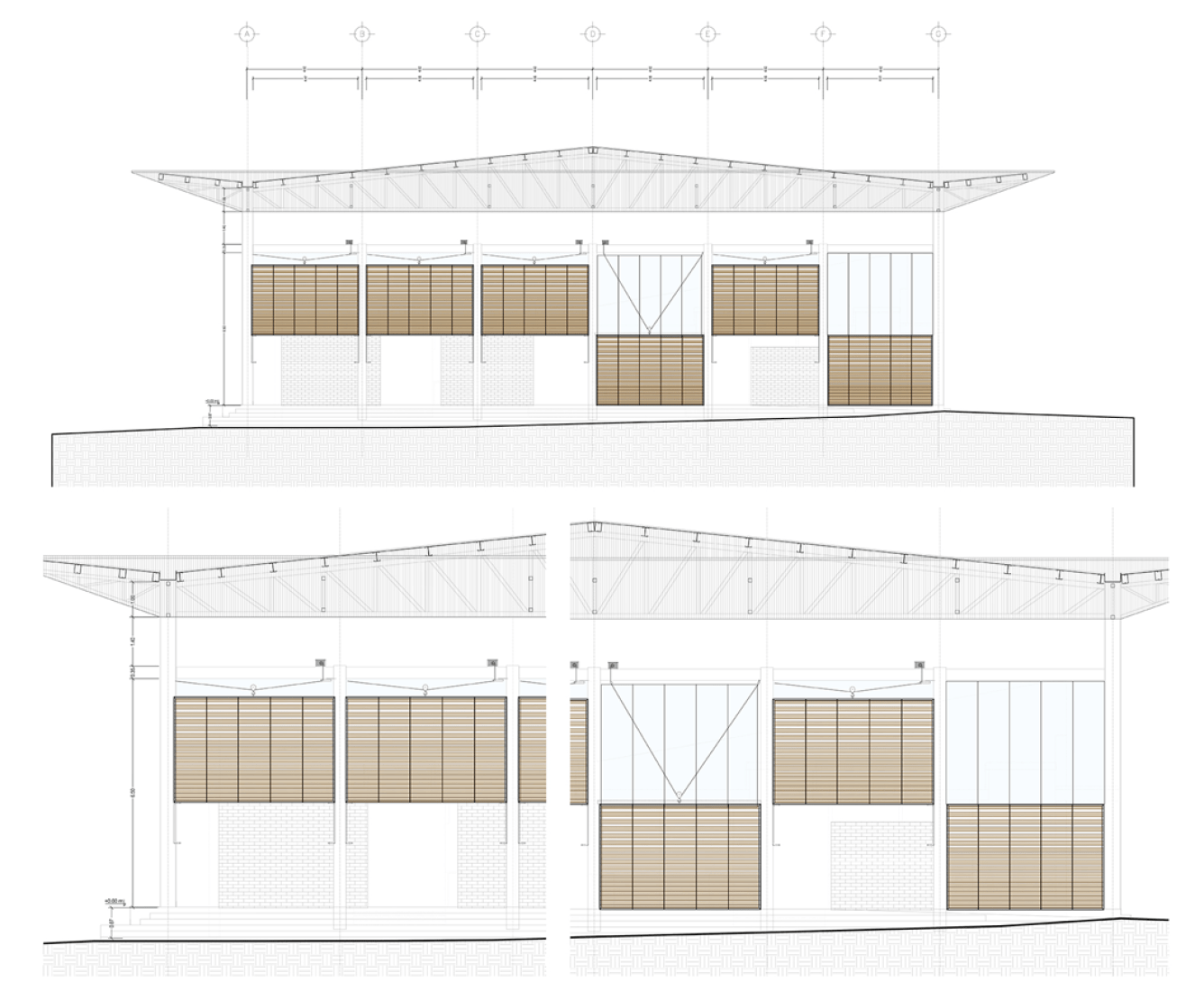 Alzado y sección. Rehabilitación del Mercado de la Purísima por Bandada Studio.
