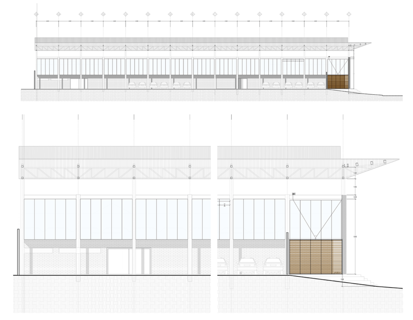 Alzado y sección. Rehabilitación del Mercado de la Purísima por Bandada Studio.