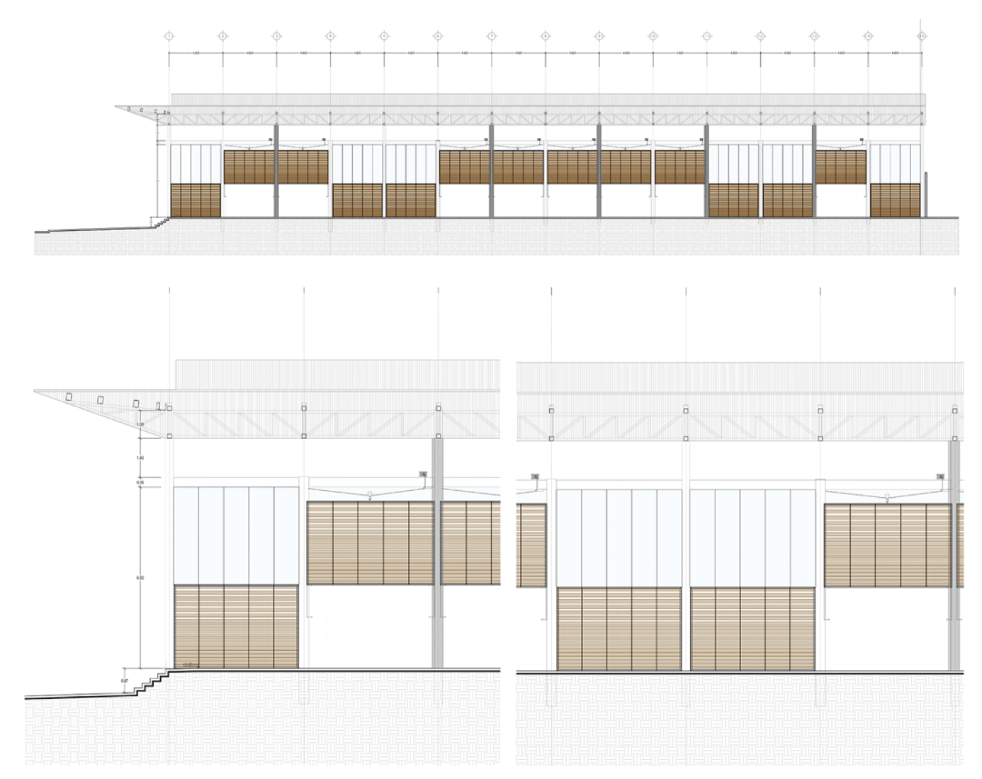 Alzado y sección. Rehabilitación del Mercado de la Purísima por Bandada Studio.