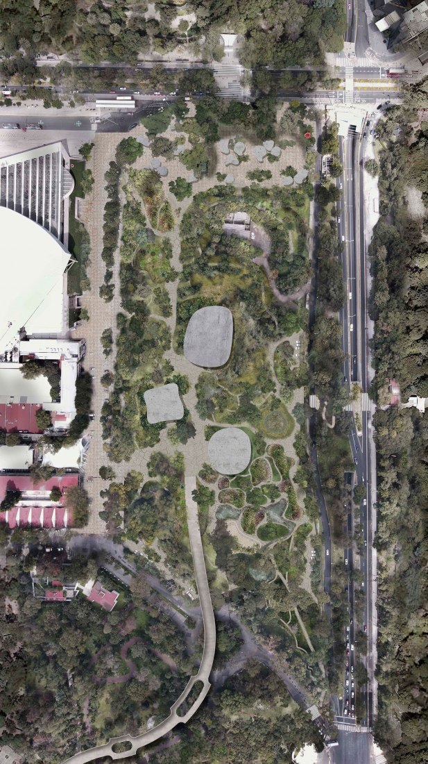 Jardín y pabellón escénico por Michan Architecture + Parabase. Visualización por Jorge Yáñez Barranco (Contarq).