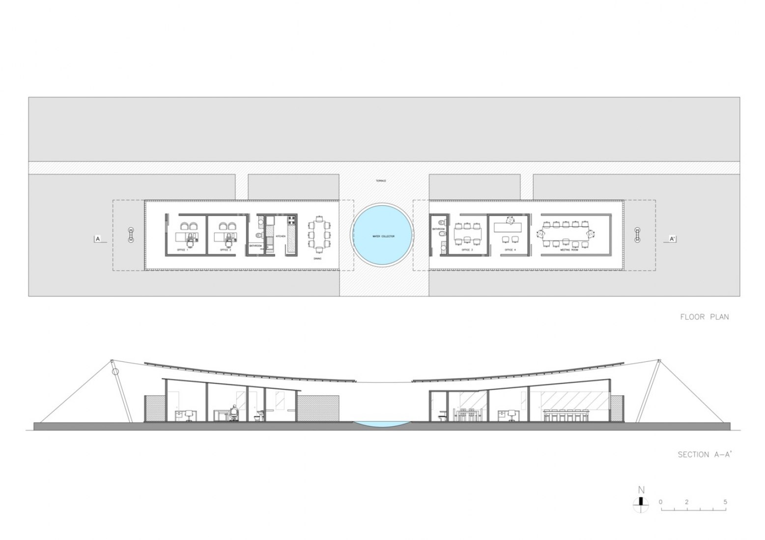 Planta de proyecto y sección. Oficinas Nordeste Curuguaty por Mínimo Común Arquitectura