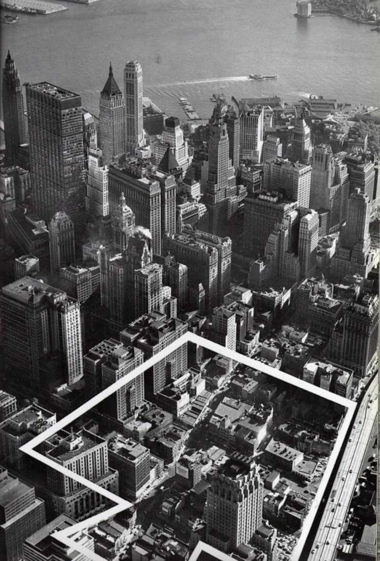 Fotografía aérea del futuro emplazamiento del World Trade Center. Encontrada en la edición especial 1963/64 de Via Port of New York 