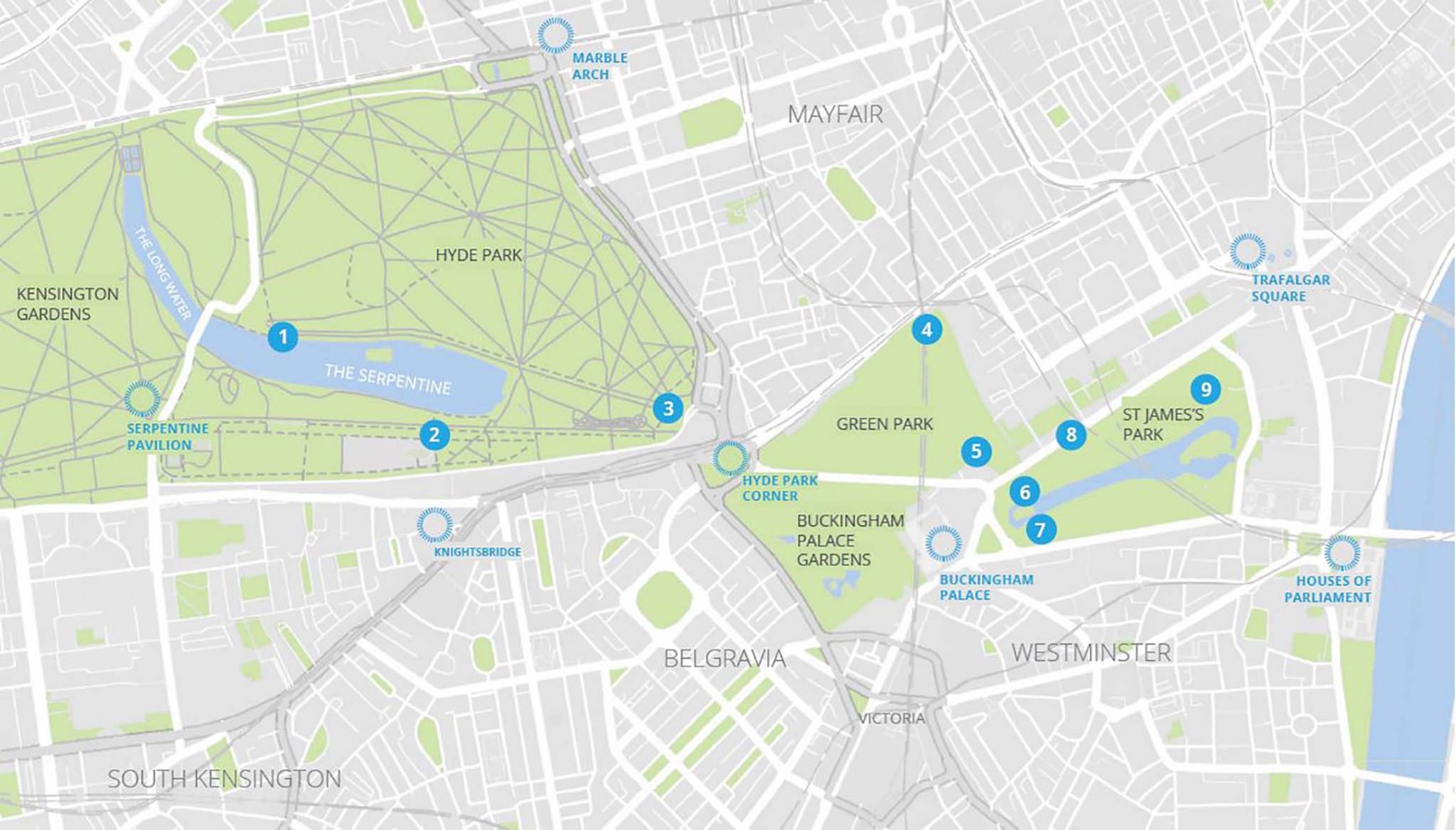 Locations of The Royal Parks Kiosks. Royal Parks Fleet by Mizzi Studio.