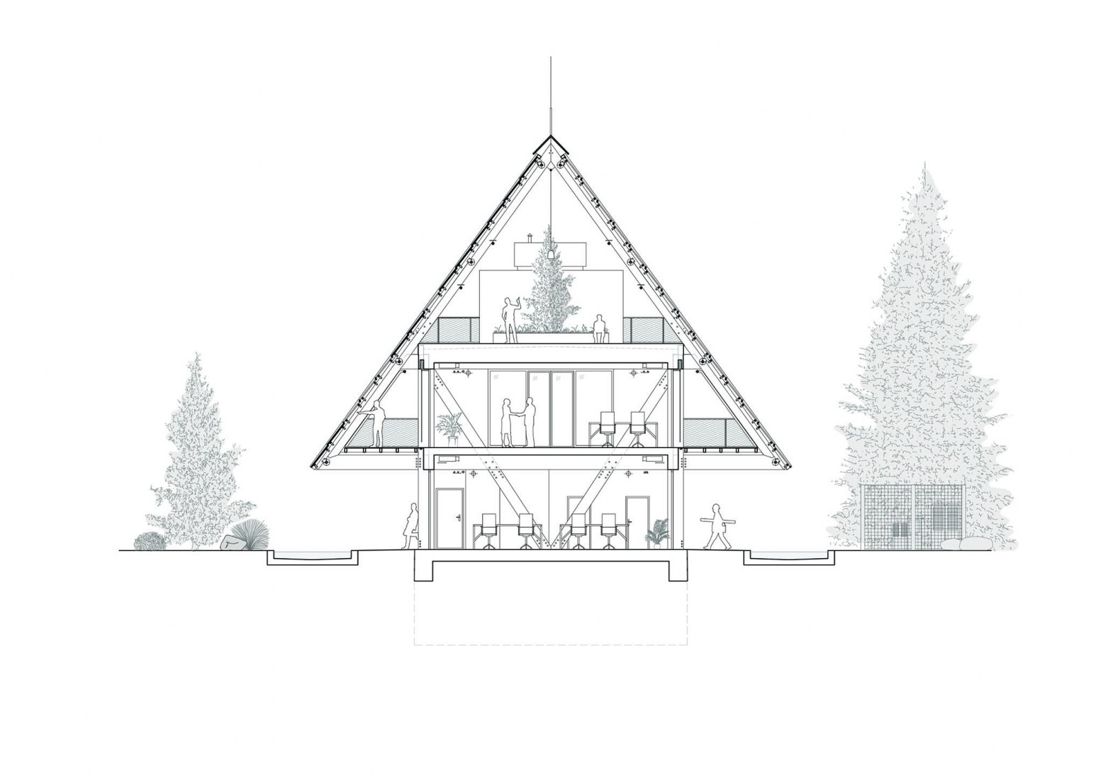 Cross section. Kloboucká lesní Headquarters by Mjölk architekti.
