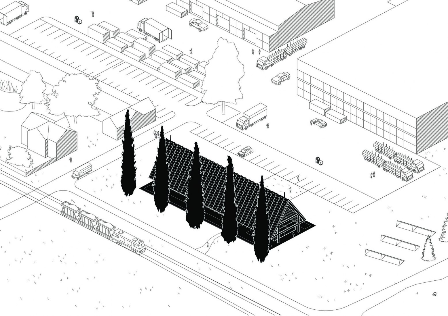 Axonometry. Kloboucká lesní Headquarters by Mjölk architekti.