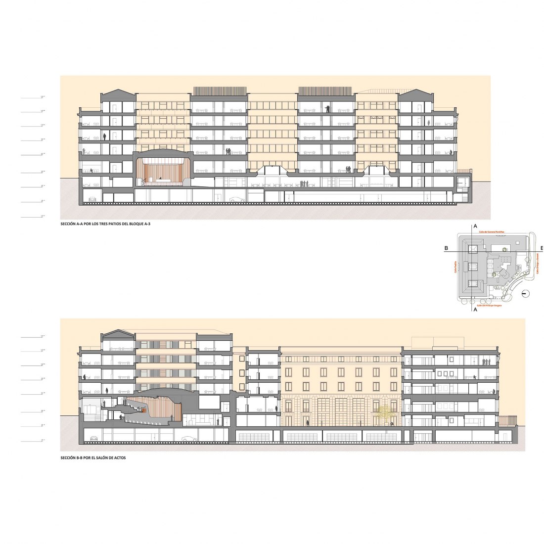 Sección A-A y B-B. Nueva Sede del Ministerio de Asuntos Exteriores por MMN arquitectos.