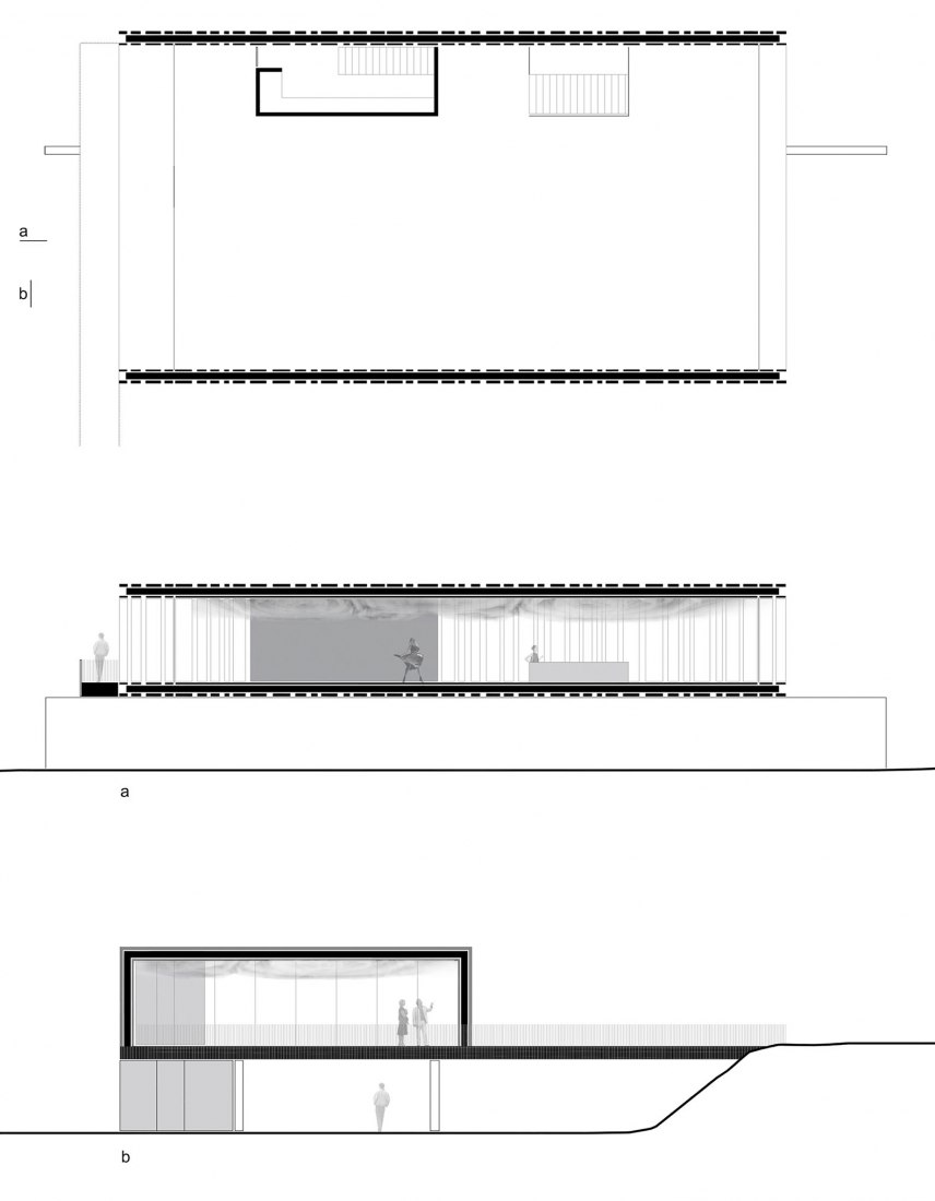 Secciones y plantas. Centro Cultural Suspended Matter Box por MMV Arquitectos.