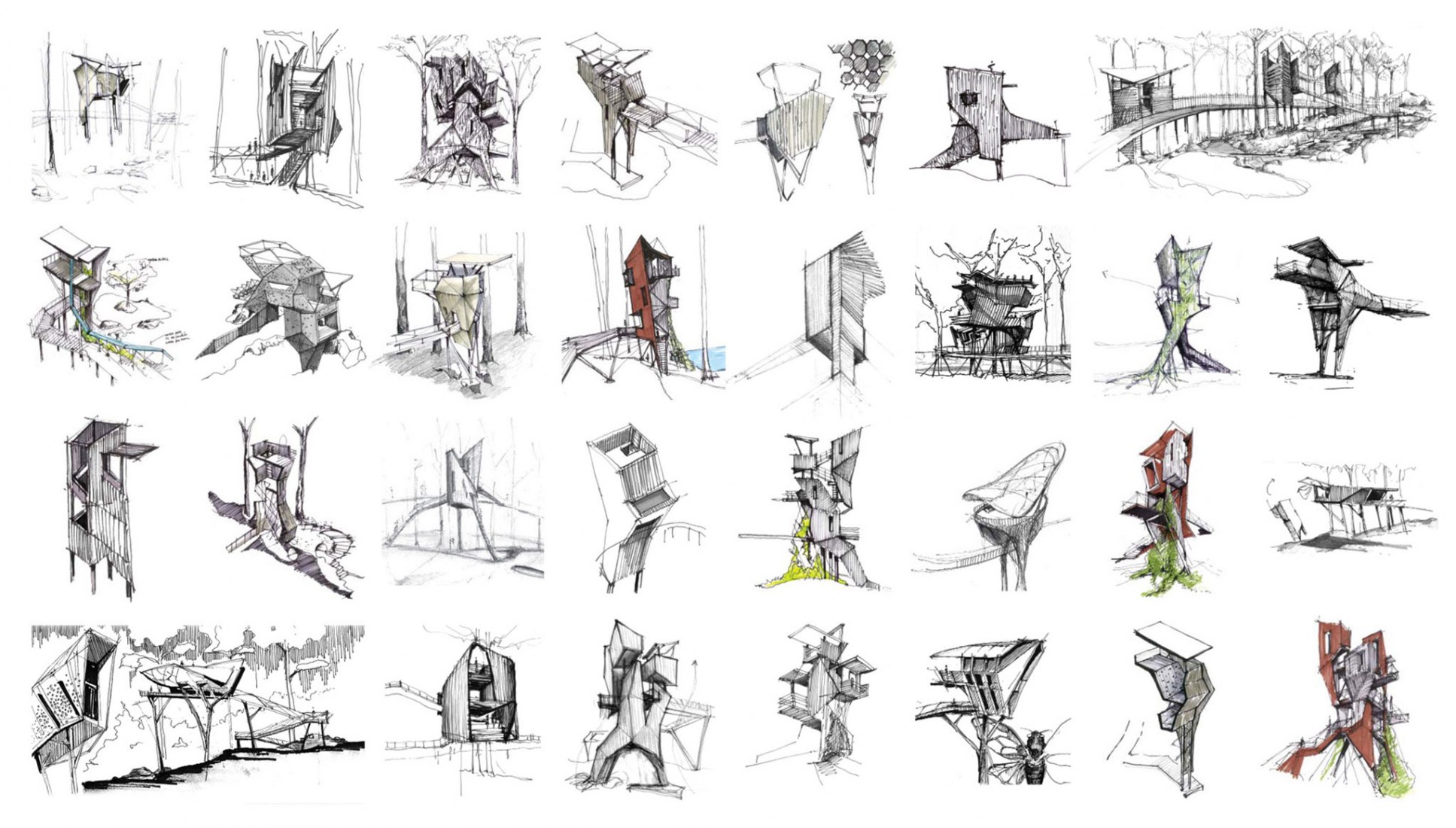 Bocetos conceptuales. La Casa del Árbol Evans en el Bosque de los Jardines de Garvan por modus studio y la Universidad de Arkansas.