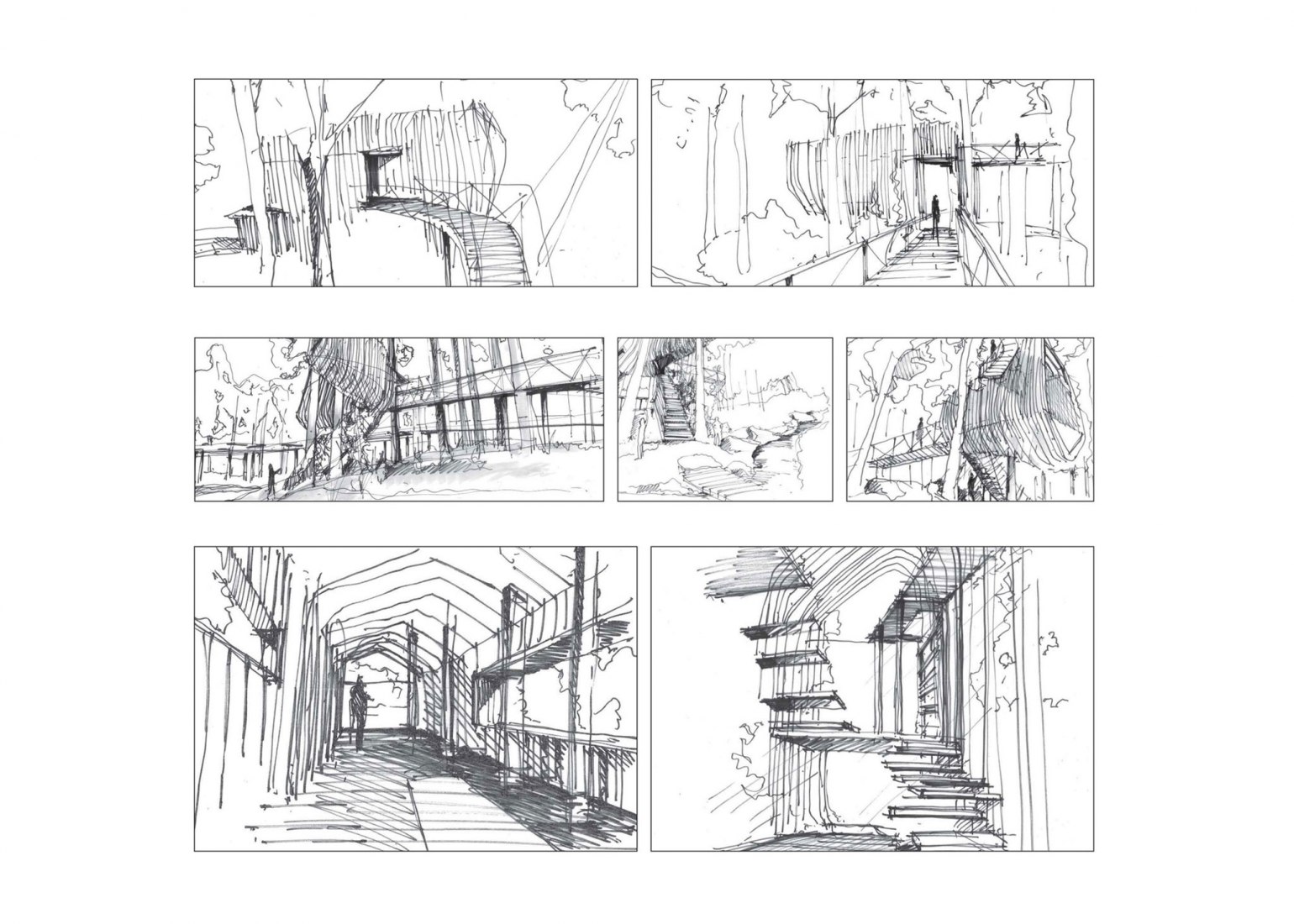 Bocetos de storyboard. La Casa del Árbol Evans en el Bosque de los Jardines de Garvan por modus studio y la Universidad de Arkansas.